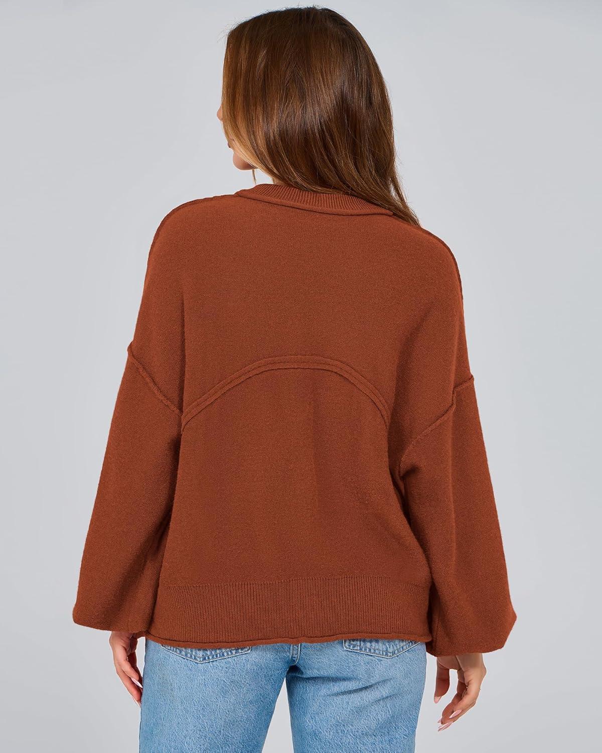 imageBTFBM Women Oversized Sweater Fall Lantern Long Sleeve Crewneck Winter Outfits Casual Ribbed Knit Pullover Tops 2025Brown Orange