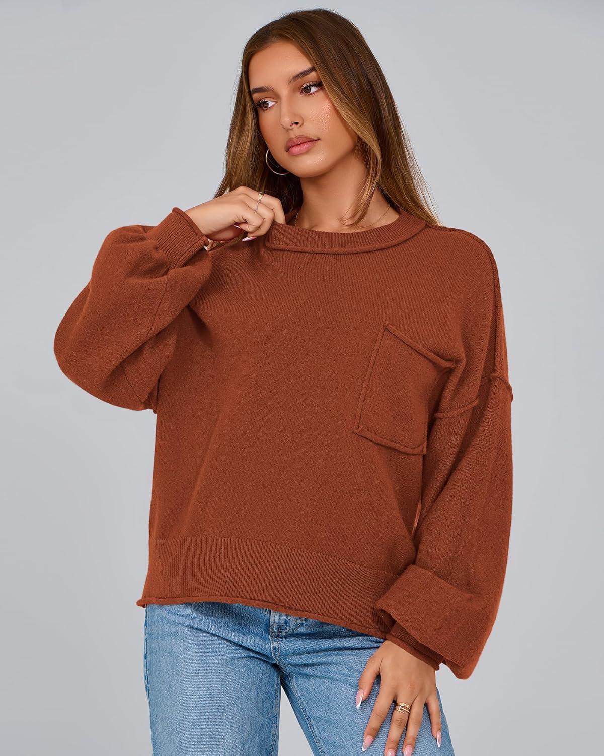 imageBTFBM Women Oversized Sweater Fall Lantern Long Sleeve Crewneck Winter Outfits Casual Ribbed Knit Pullover Tops 2025Brown Orange