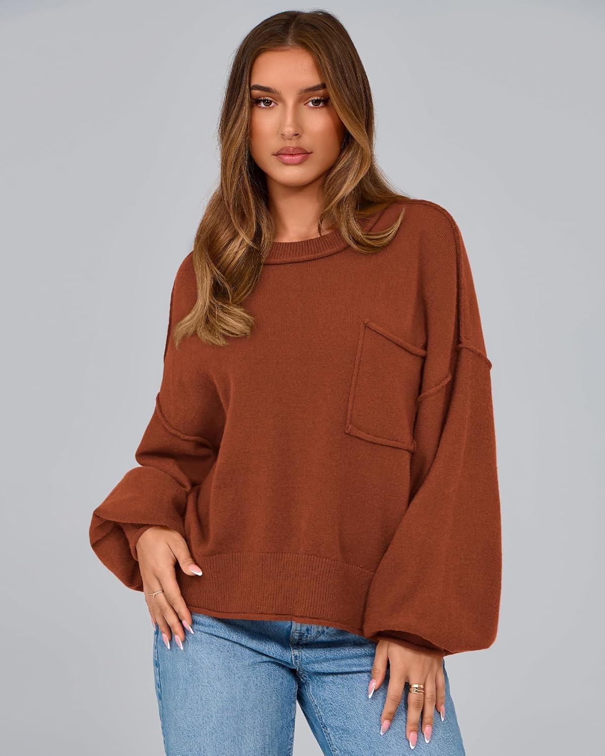 imageBTFBM Women Oversized Sweater Fall Lantern Long Sleeve Crewneck Winter Outfits Casual Ribbed Knit Pullover Tops 2025Brown Orange