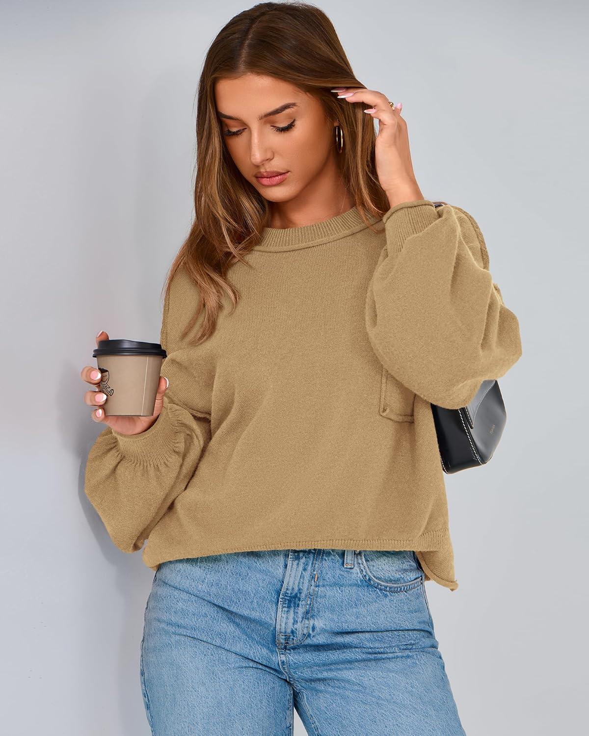 imageBTFBM Women Oversized Sweater Fall Lantern Long Sleeve Crewneck Winter Outfits Casual Ribbed Knit Pullover Tops 2025Khaki