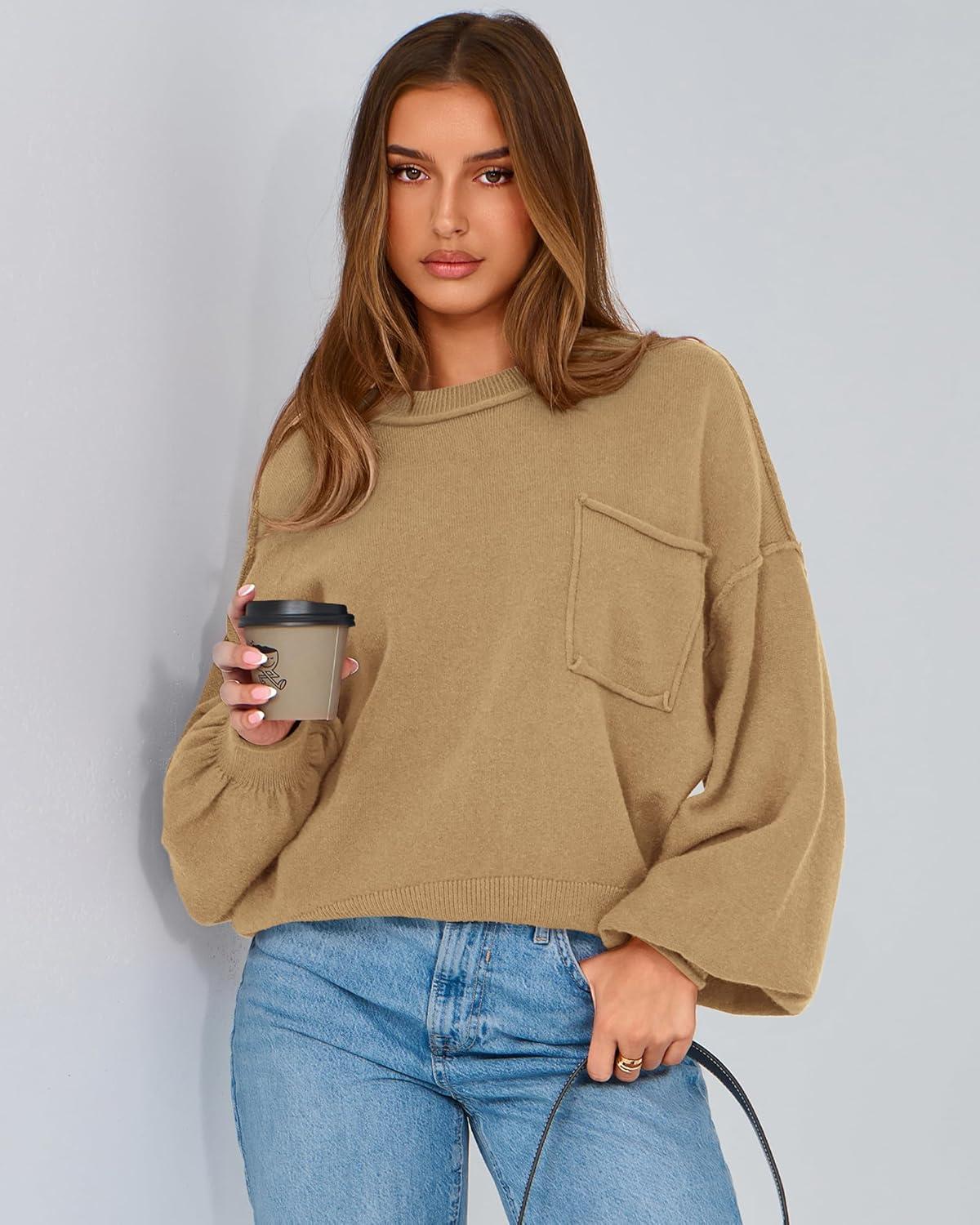 imageBTFBM Women Oversized Sweater Fall Lantern Long Sleeve Crewneck Winter Outfits Casual Ribbed Knit Pullover Tops 2025Khaki