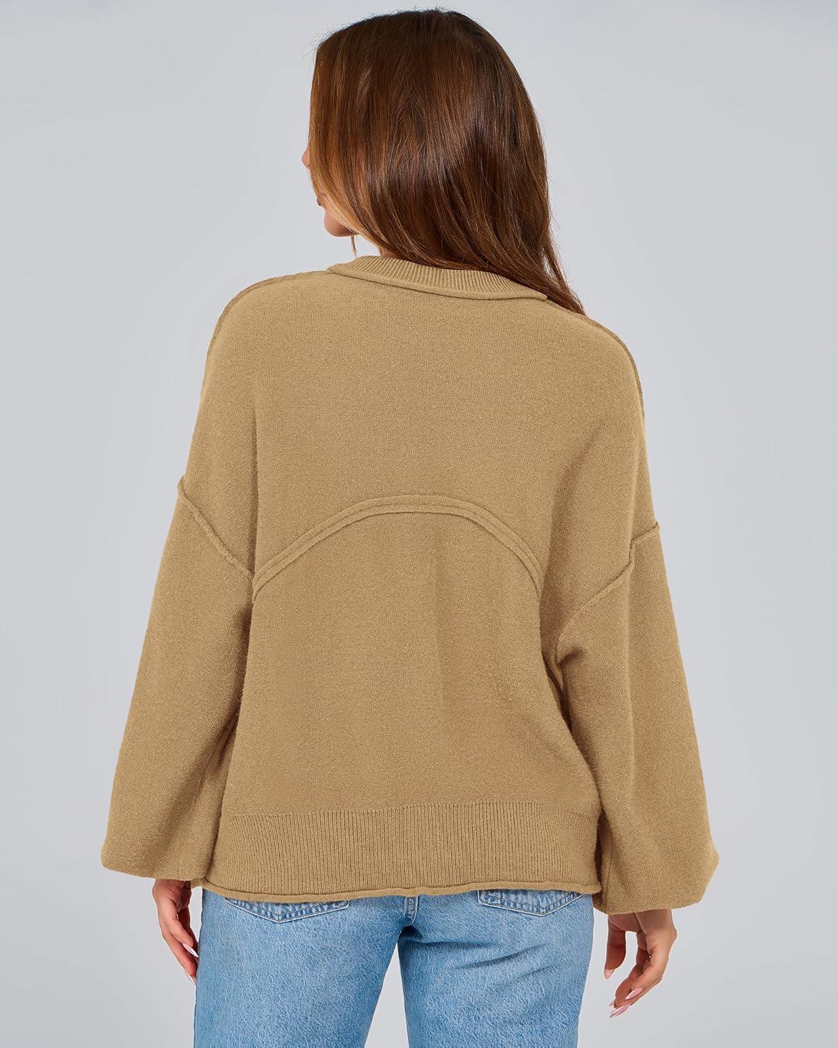 imageBTFBM Women Oversized Sweater Fall Lantern Long Sleeve Crewneck Winter Outfits Casual Ribbed Knit Pullover Tops 2025Khaki