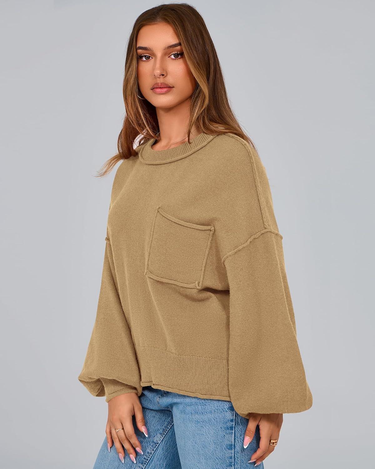 imageBTFBM Women Oversized Sweater Fall Lantern Long Sleeve Crewneck Winter Outfits Casual Ribbed Knit Pullover Tops 2025Khaki