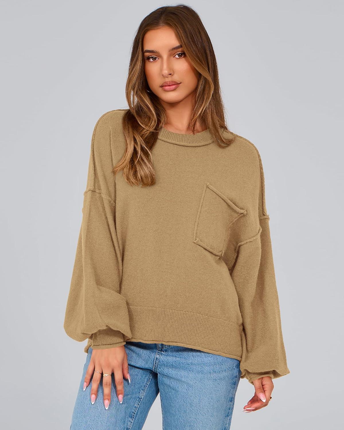 imageBTFBM Women Oversized Sweater Fall Lantern Long Sleeve Crewneck Winter Outfits Casual Ribbed Knit Pullover Tops 2025Khaki