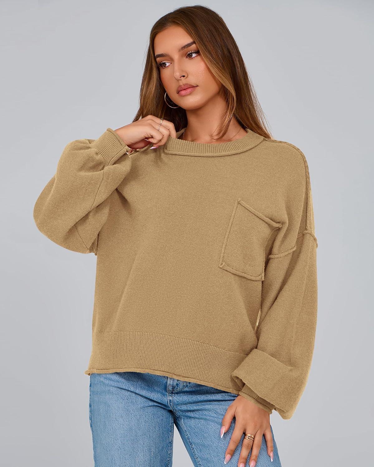 imageBTFBM Women Oversized Sweater Fall Lantern Long Sleeve Crewneck Winter Outfits Casual Ribbed Knit Pullover Tops 2025Khaki