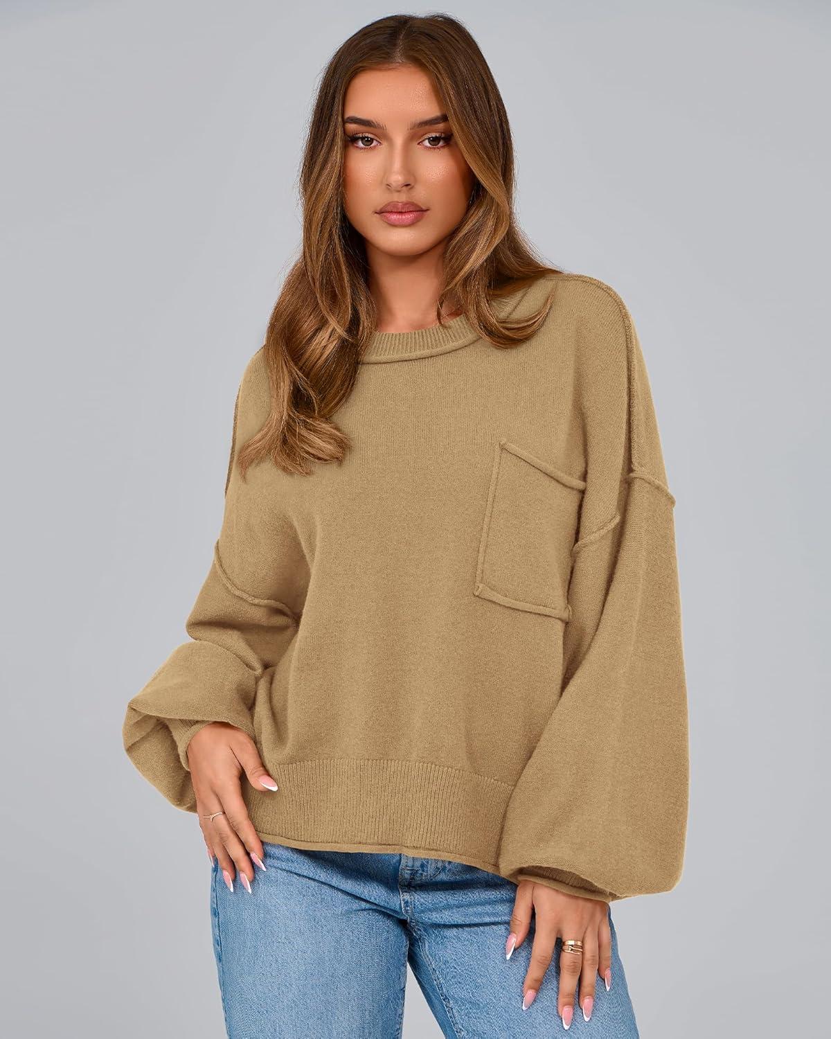 imageBTFBM Women Oversized Sweater Fall Lantern Long Sleeve Crewneck Winter Outfits Casual Ribbed Knit Pullover Tops 2025Khaki