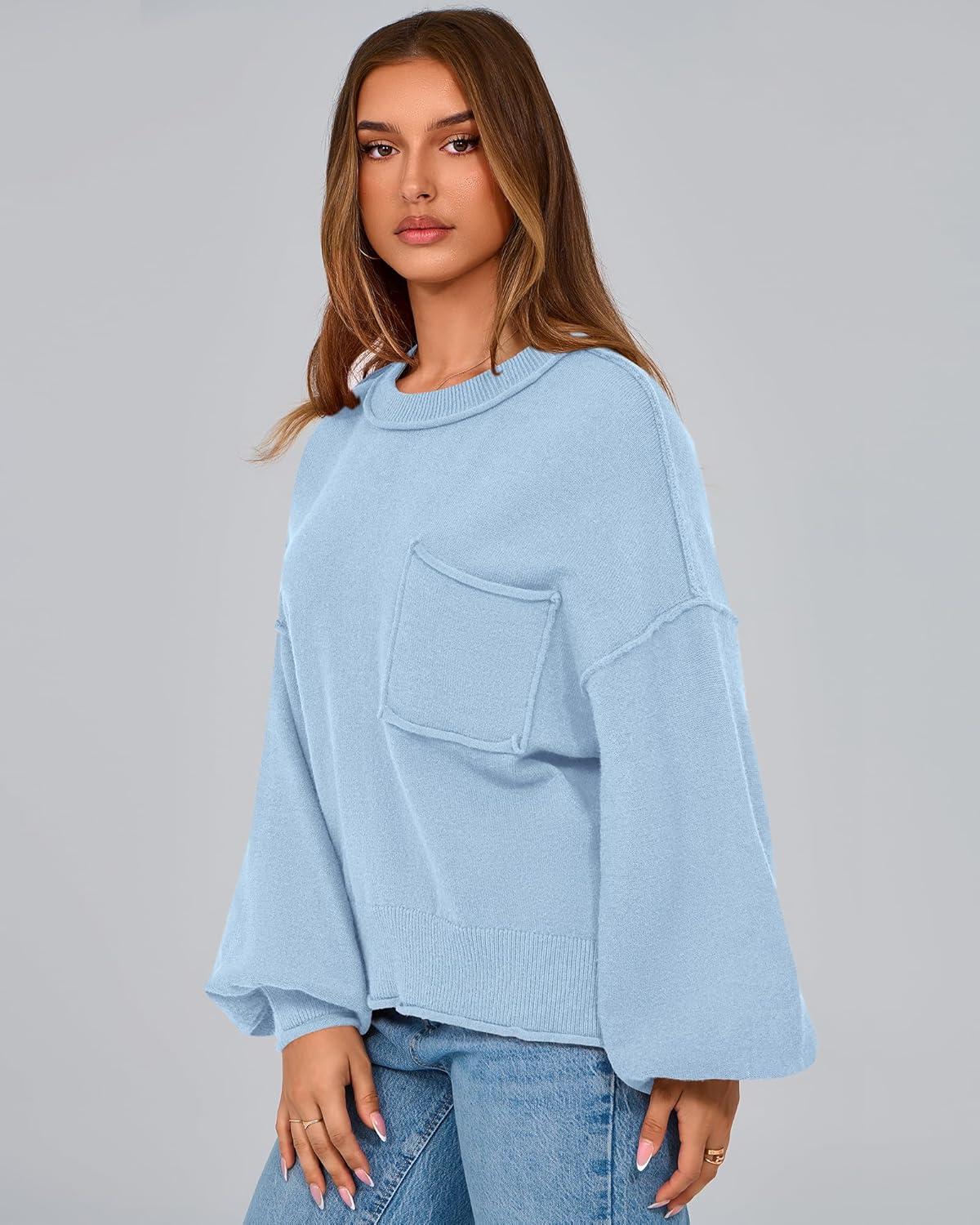 imageBTFBM Women Oversized Sweater Fall Lantern Long Sleeve Crewneck Winter Outfits Casual Ribbed Knit Pullover Tops 2025Light Blue