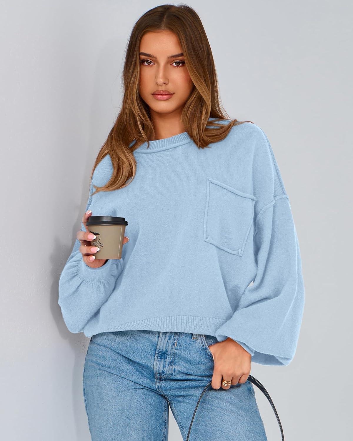 imageBTFBM Women Oversized Sweater Fall Lantern Long Sleeve Crewneck Winter Outfits Casual Ribbed Knit Pullover Tops 2025Light Blue