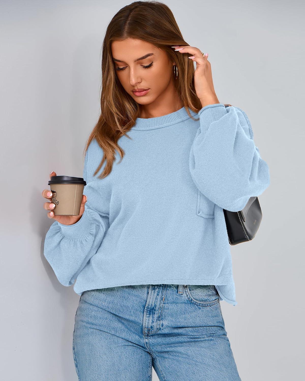 imageBTFBM Women Oversized Sweater Fall Lantern Long Sleeve Crewneck Winter Outfits Casual Ribbed Knit Pullover Tops 2025Light Blue
