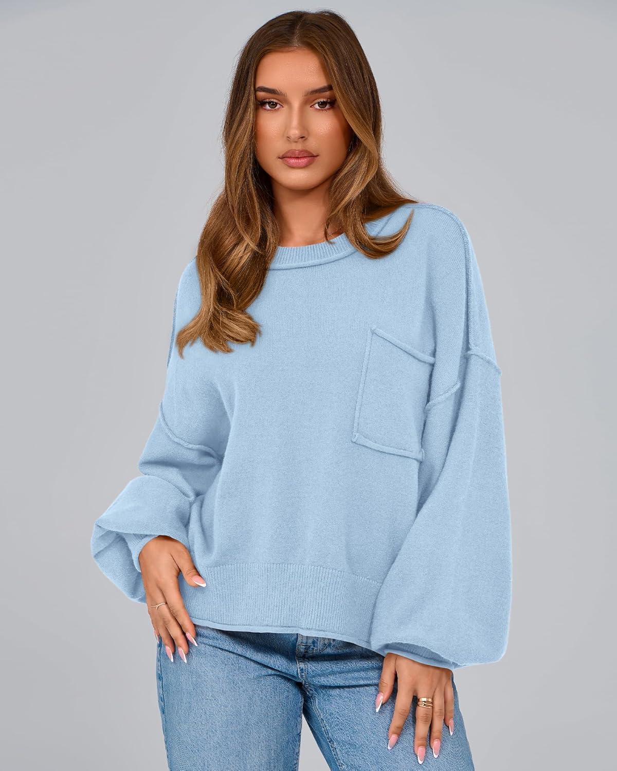 imageBTFBM Women Oversized Sweater Fall Lantern Long Sleeve Crewneck Winter Outfits Casual Ribbed Knit Pullover Tops 2025Light Blue