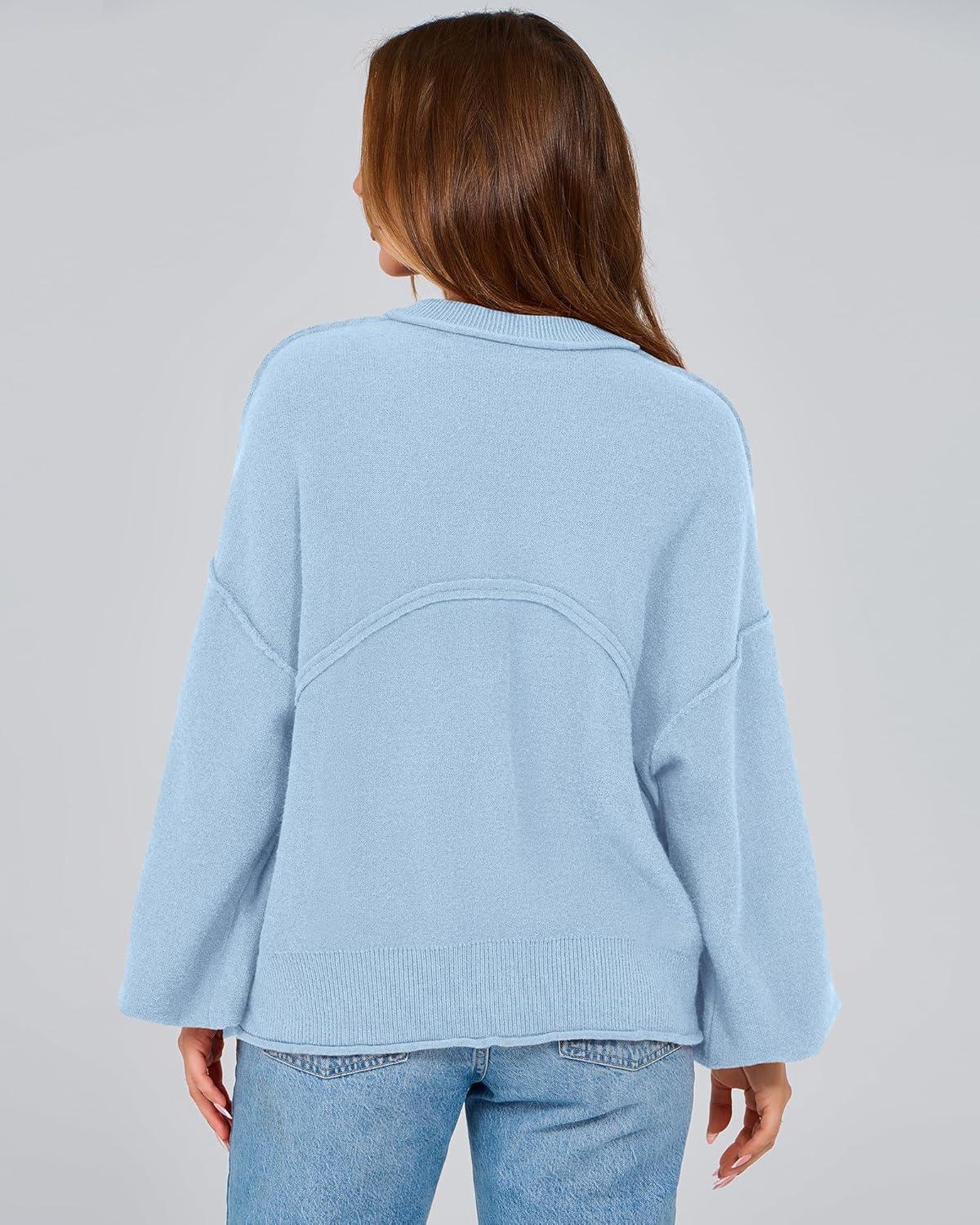 imageBTFBM Women Oversized Sweater Fall Lantern Long Sleeve Crewneck Winter Outfits Casual Ribbed Knit Pullover Tops 2025Light Blue