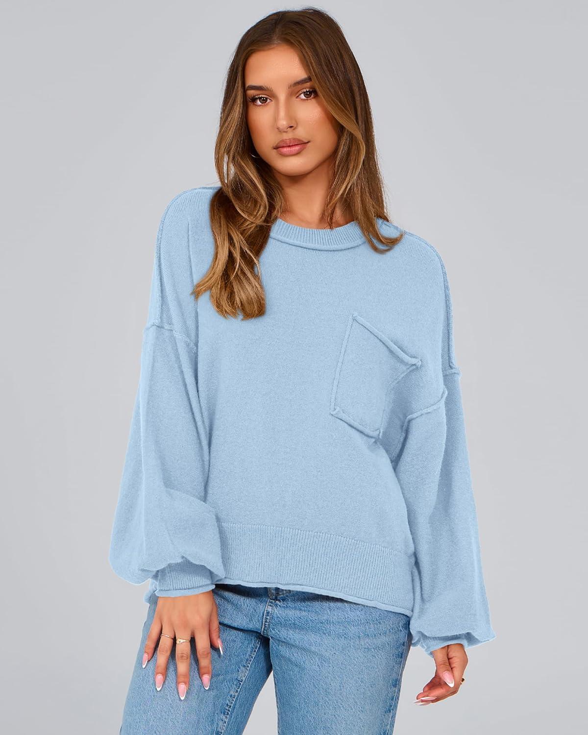 imageBTFBM Women Oversized Sweater Fall Lantern Long Sleeve Crewneck Winter Outfits Casual Ribbed Knit Pullover Tops 2025Light Blue