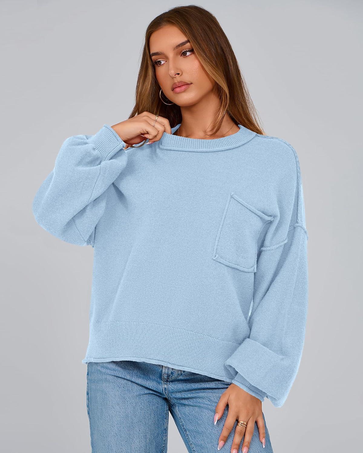 imageBTFBM Women Oversized Sweater Fall Lantern Long Sleeve Crewneck Winter Outfits Casual Ribbed Knit Pullover Tops 2025Light Blue