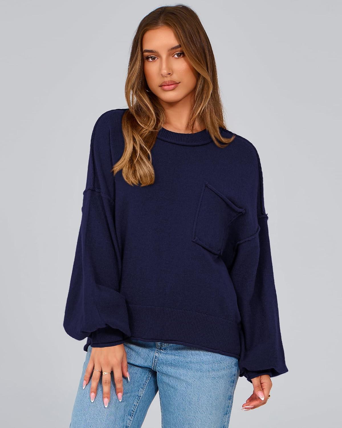 imageBTFBM Women Oversized Sweater Fall Lantern Long Sleeve Crewneck Winter Outfits Casual Ribbed Knit Pullover Tops 2025Navy