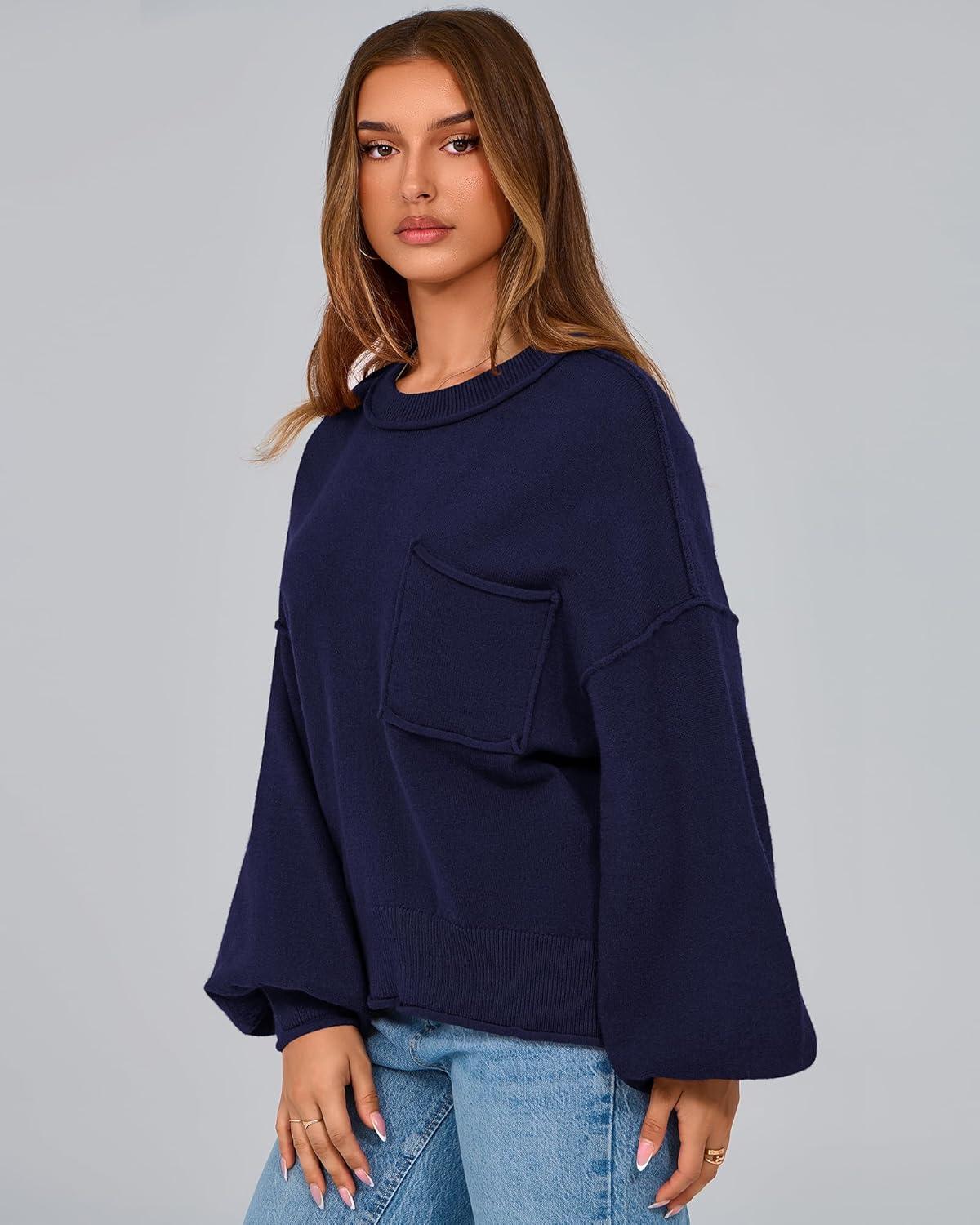 imageBTFBM Women Oversized Sweater Fall Lantern Long Sleeve Crewneck Winter Outfits Casual Ribbed Knit Pullover Tops 2025Navy