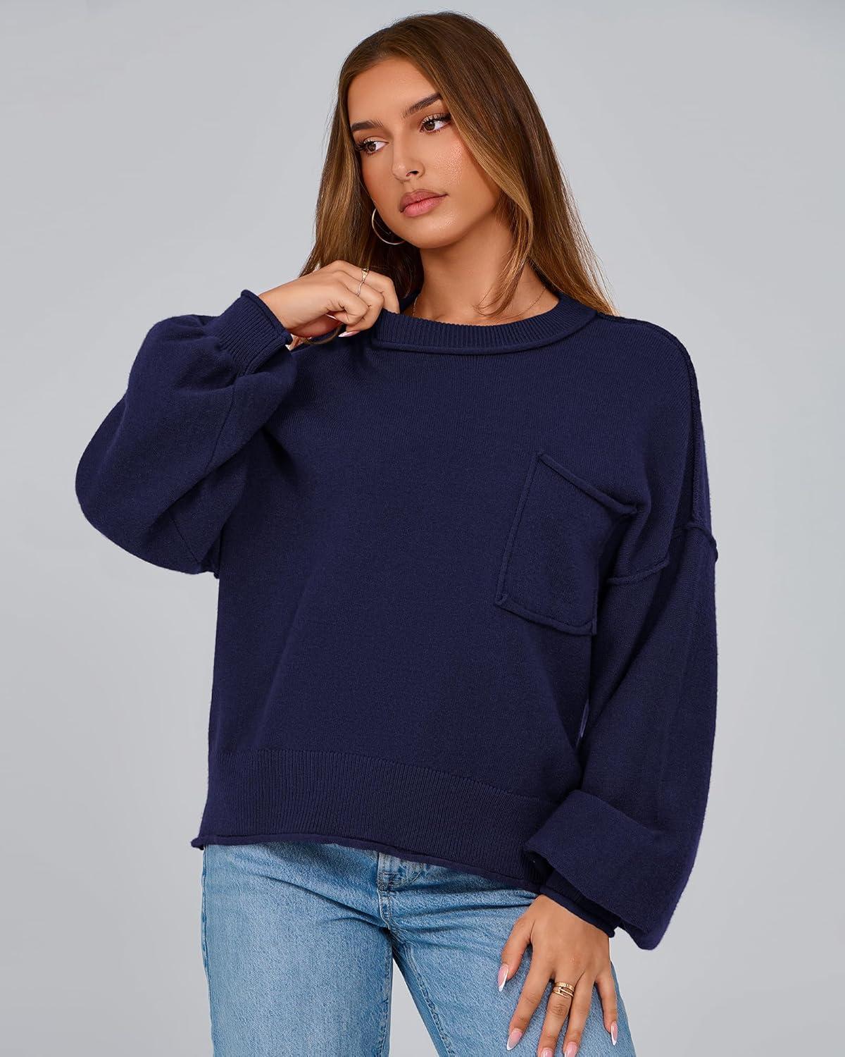 imageBTFBM Women Oversized Sweater Fall Lantern Long Sleeve Crewneck Winter Outfits Casual Ribbed Knit Pullover Tops 2025Navy