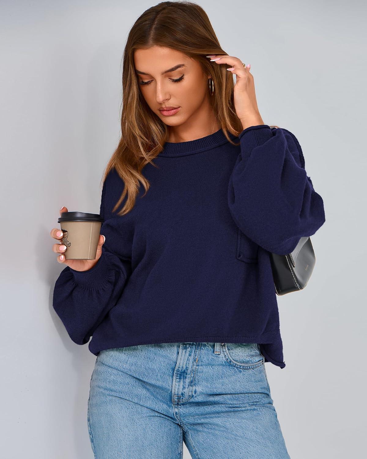 imageBTFBM Women Oversized Sweater Fall Lantern Long Sleeve Crewneck Winter Outfits Casual Ribbed Knit Pullover Tops 2025Navy