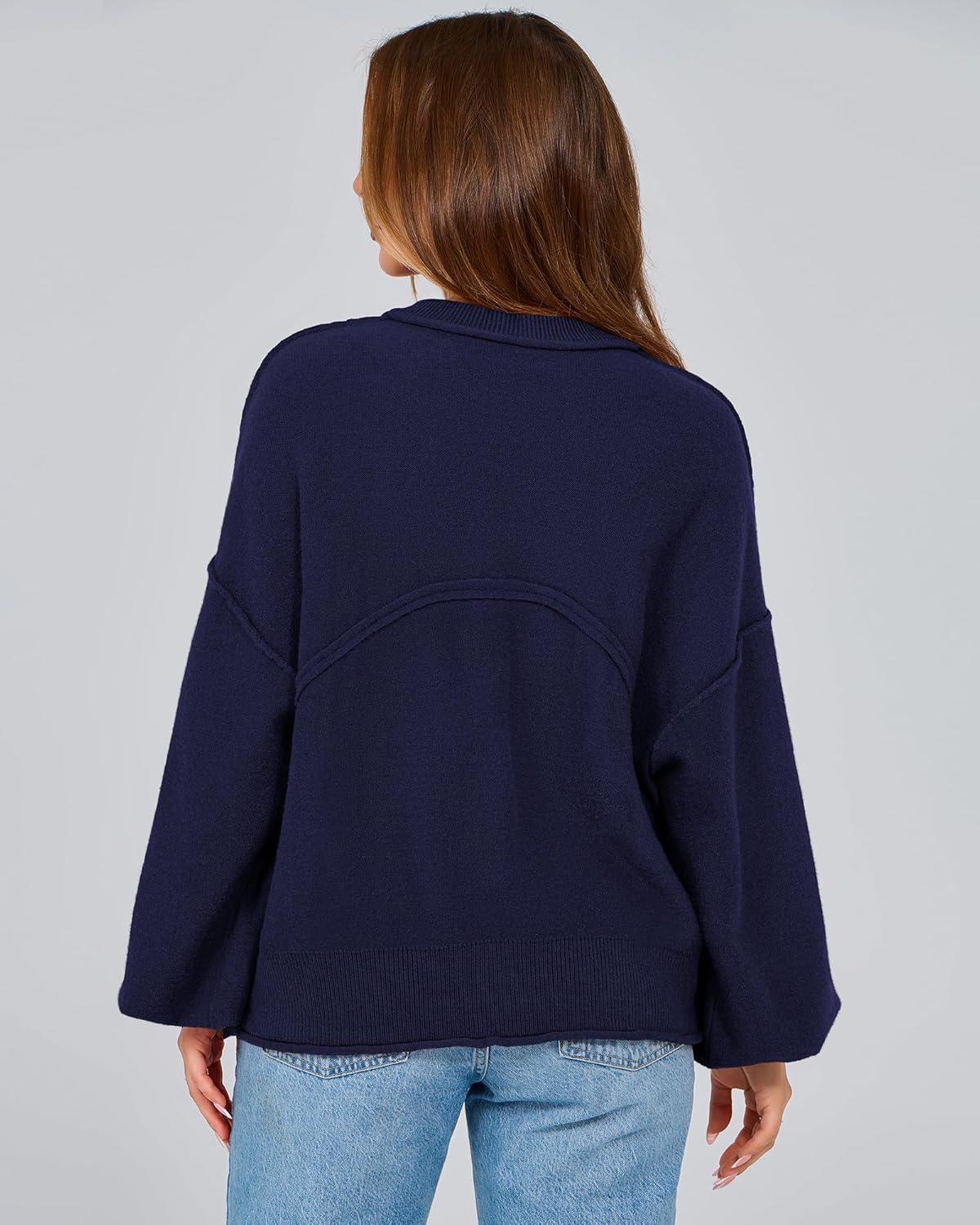 imageBTFBM Women Oversized Sweater Fall Lantern Long Sleeve Crewneck Winter Outfits Casual Ribbed Knit Pullover Tops 2025Navy
