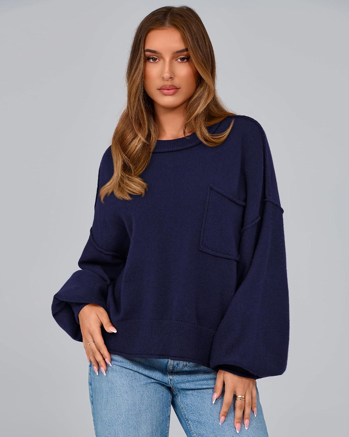imageBTFBM Women Oversized Sweater Fall Lantern Long Sleeve Crewneck Winter Outfits Casual Ribbed Knit Pullover Tops 2025Navy