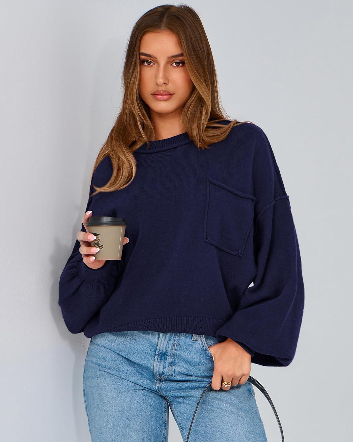 imageBTFBM Women Oversized Sweater Fall Lantern Long Sleeve Crewneck Winter Outfits Casual Ribbed Knit Pullover Tops 2025Navy