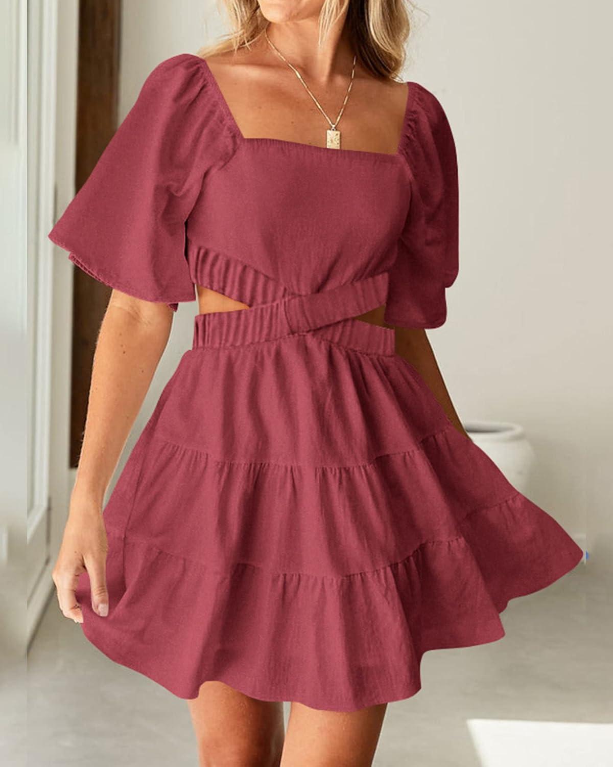 imageBTFBM Women Summer Dresses 2023 Square Neck Short Sleeve Cutout Crossover Waist Casual Party Tiered ALine Mini DressSolid Bean Paste Red