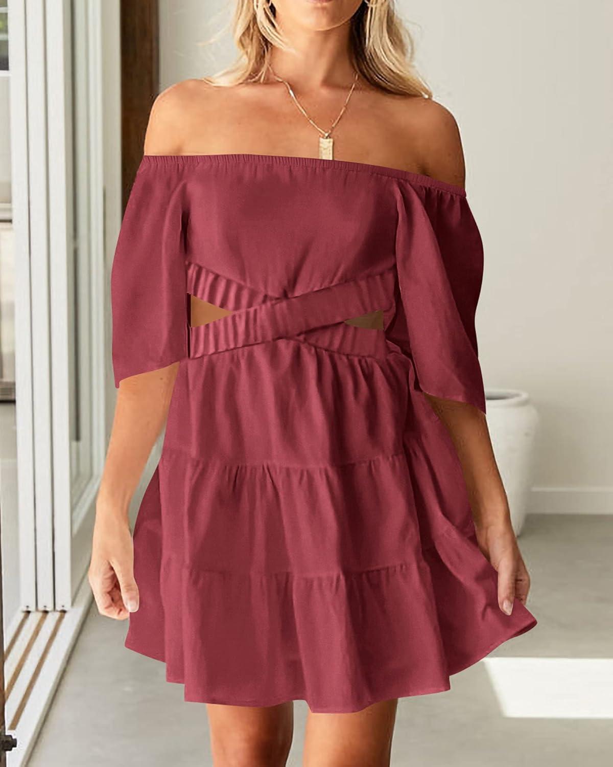 imageBTFBM Women Summer Dresses 2023 Square Neck Short Sleeve Cutout Crossover Waist Casual Party Tiered ALine Mini DressSolid Bean Paste Red