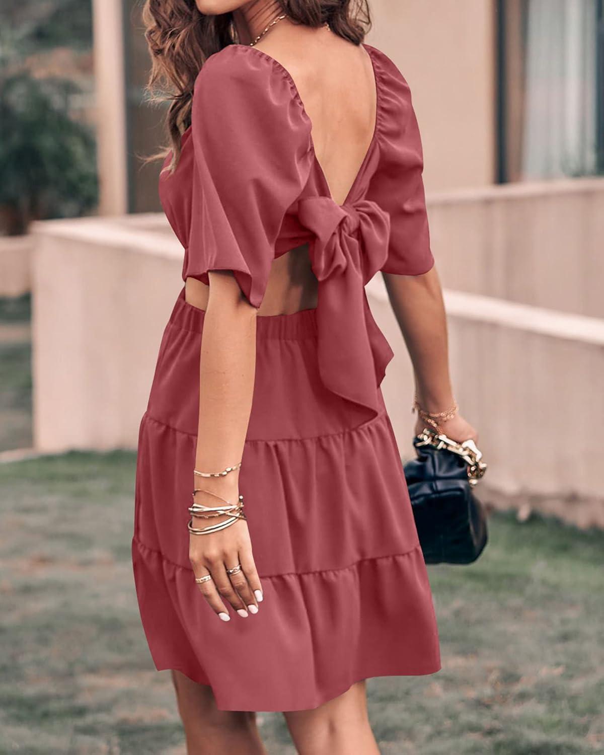 imageBTFBM Women Summer Dresses 2023 Square Neck Short Sleeve Cutout Crossover Waist Casual Party Tiered ALine Mini DressSolid Bean Paste Red