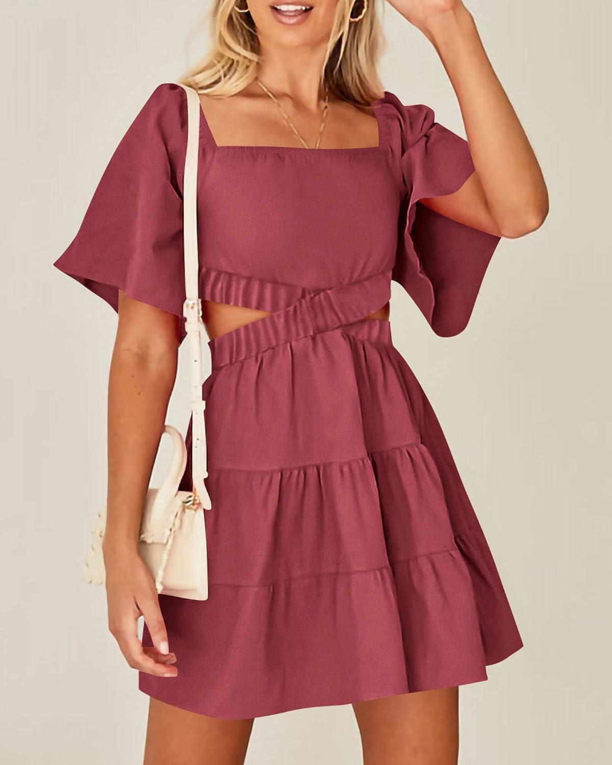imageBTFBM Women Summer Dresses 2023 Square Neck Short Sleeve Cutout Crossover Waist Casual Party Tiered ALine Mini DressSolid Bean Paste Red