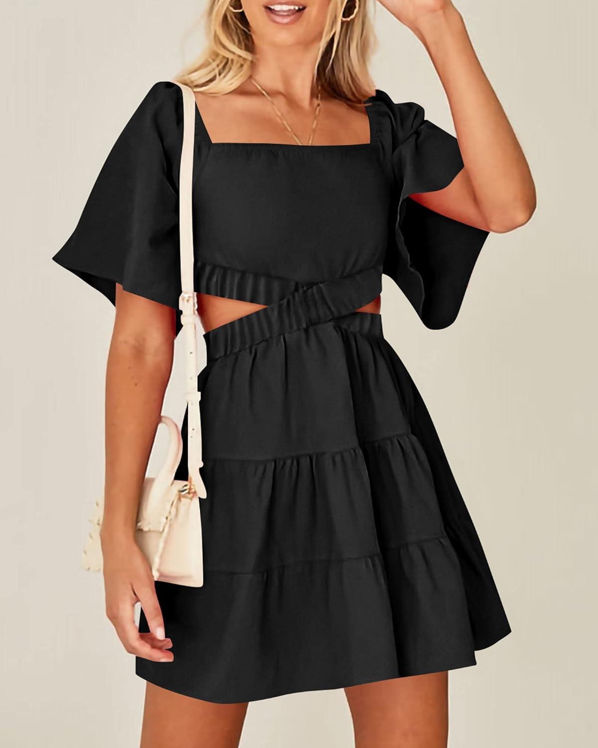 imageBTFBM Women Summer Dresses 2023 Square Neck Short Sleeve Cutout Crossover Waist Casual Party Tiered ALine Mini DressSolid Black