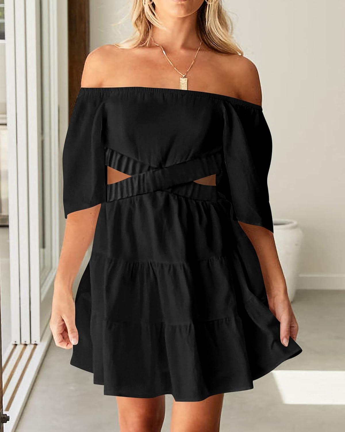 imageBTFBM Women Summer Dresses 2023 Square Neck Short Sleeve Cutout Crossover Waist Casual Party Tiered ALine Mini DressSolid Black