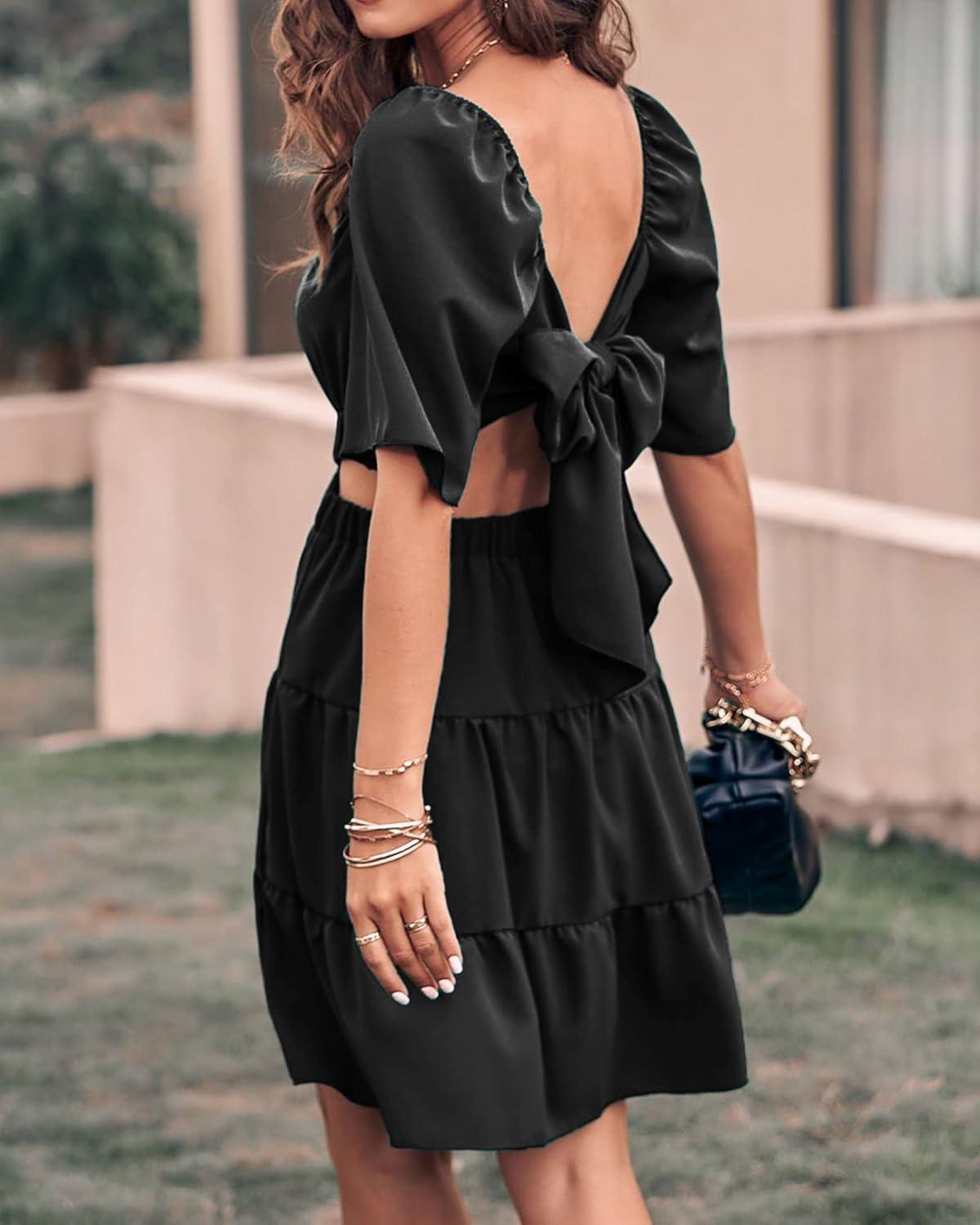 imageBTFBM Women Summer Dresses 2023 Square Neck Short Sleeve Cutout Crossover Waist Casual Party Tiered ALine Mini DressSolid Black