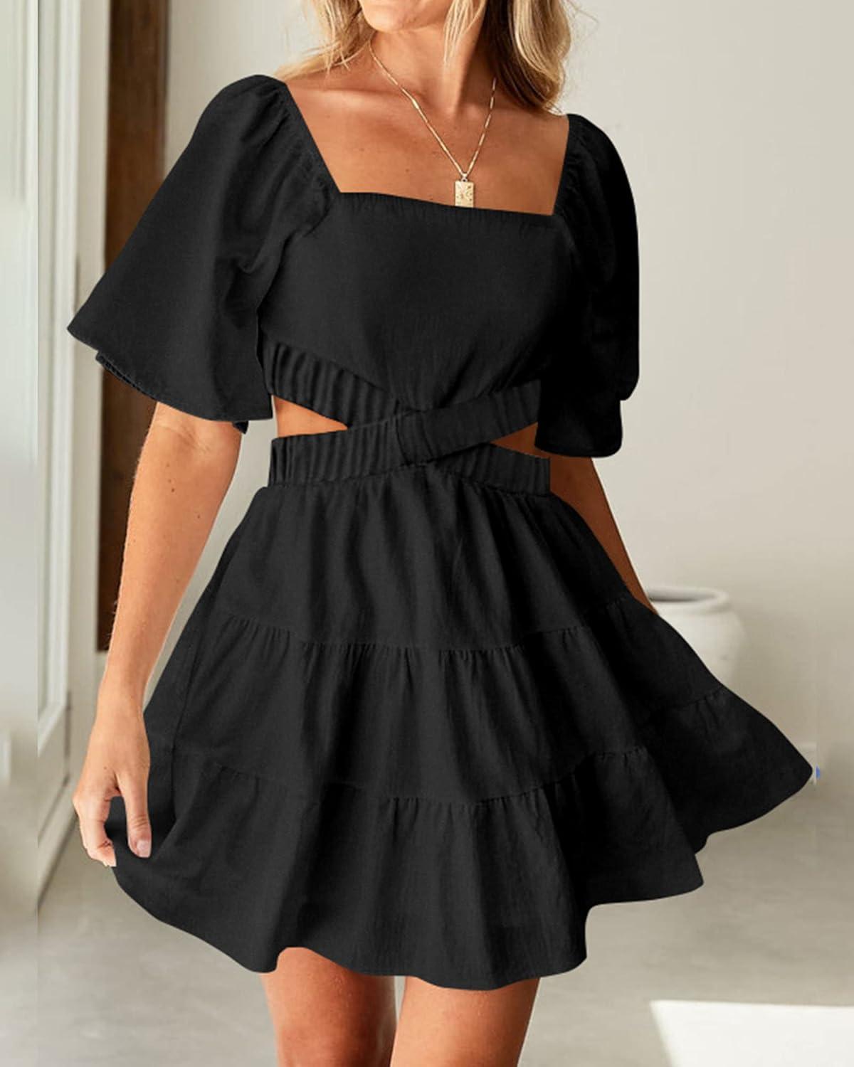 imageBTFBM Women Summer Dresses 2023 Square Neck Short Sleeve Cutout Crossover Waist Casual Party Tiered ALine Mini DressSolid Black
