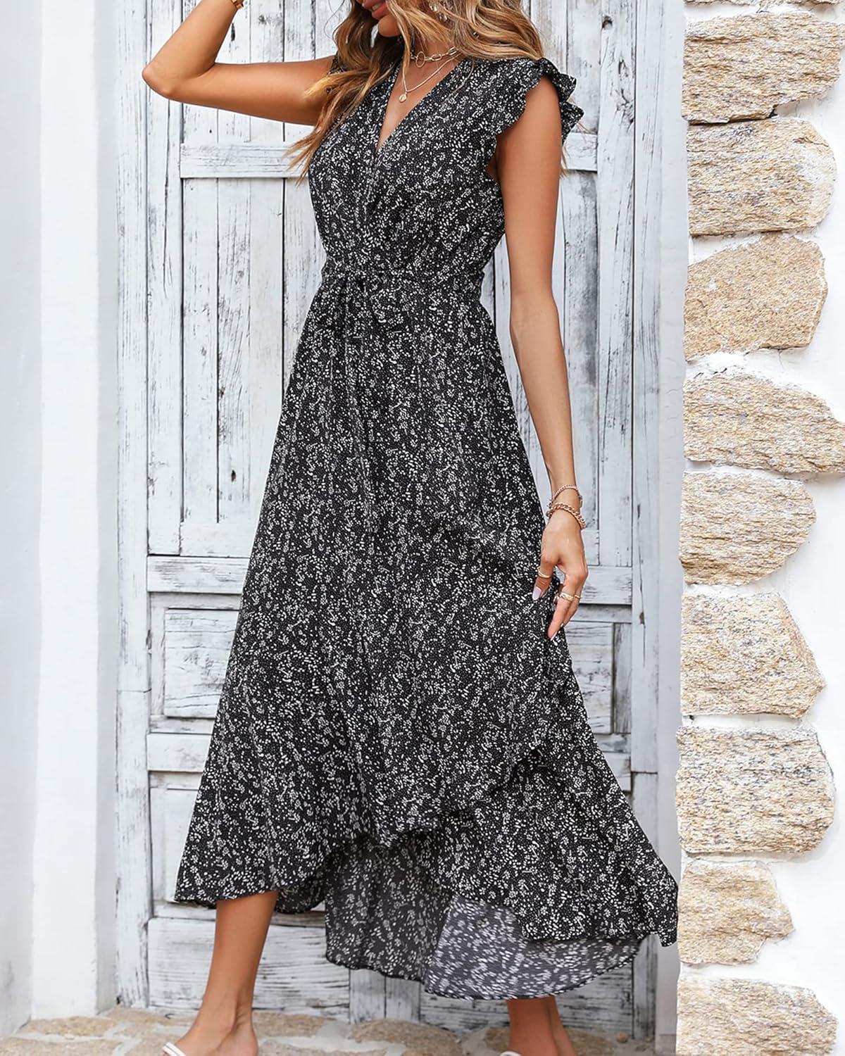 imageBTFBM Women Summer Floral Boho Maxi Dresses 2026 Vacation Ruffle Sleeve V Neck Belt Wrap Wedding Guest Spring Beach DressFloral Black