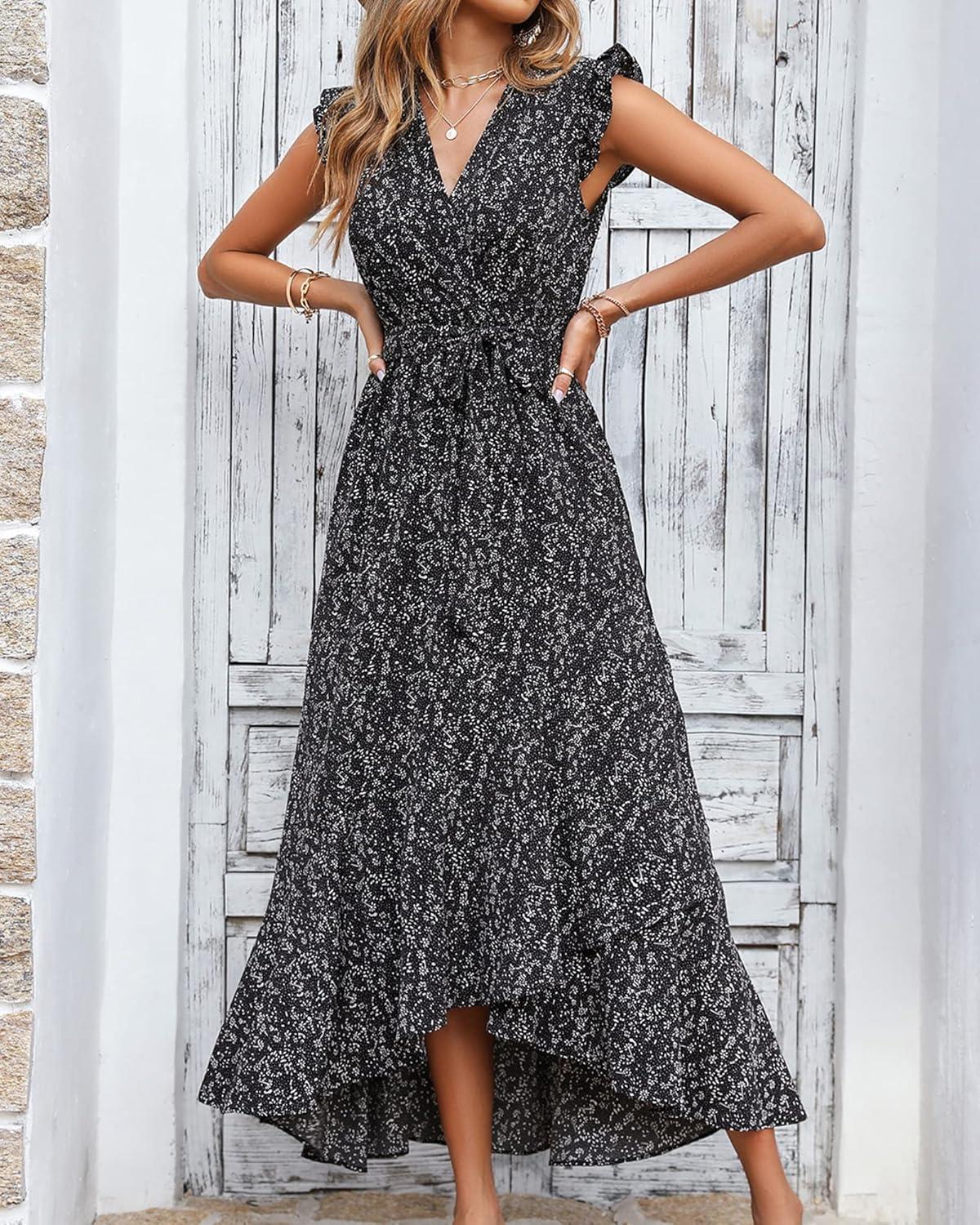 imageBTFBM Women Summer Floral Boho Maxi Dresses 2026 Vacation Ruffle Sleeve V Neck Belt Wrap Wedding Guest Spring Beach DressFloral Black