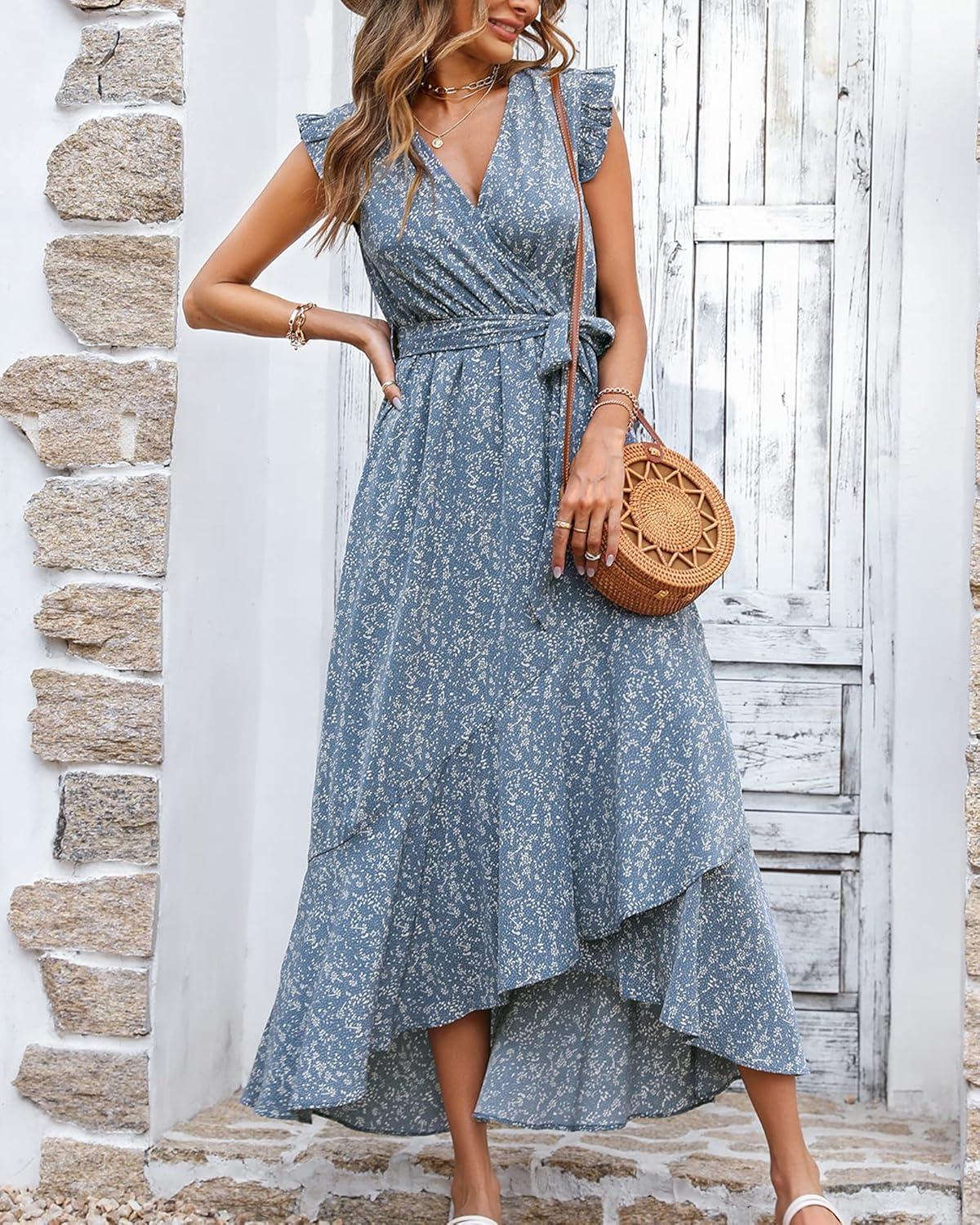 imageBTFBM Women Summer Floral Boho Maxi Dresses 2026 Vacation Ruffle Sleeve V Neck Belt Wrap Wedding Guest Spring Beach DressFloral Blue