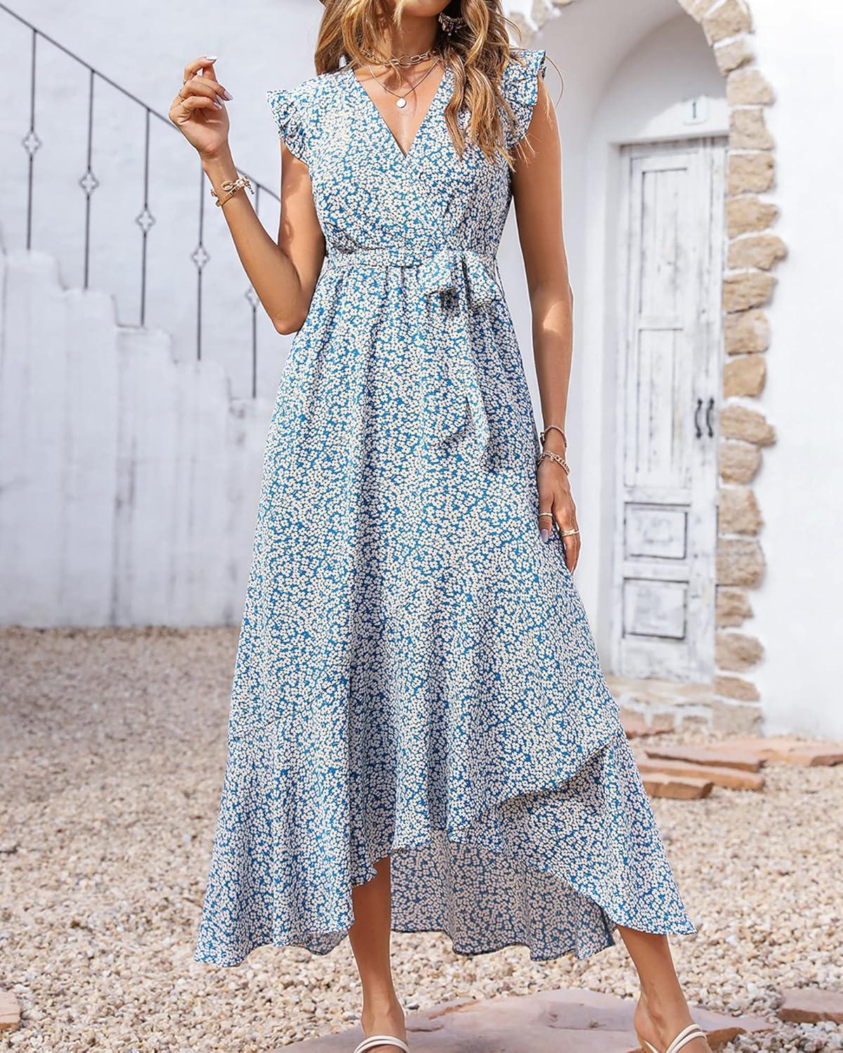imageBTFBM Women Summer Floral Boho Maxi Dresses 2026 Vacation Ruffle Sleeve V Neck Belt Wrap Wedding Guest Spring Beach DressFloral Print Blue