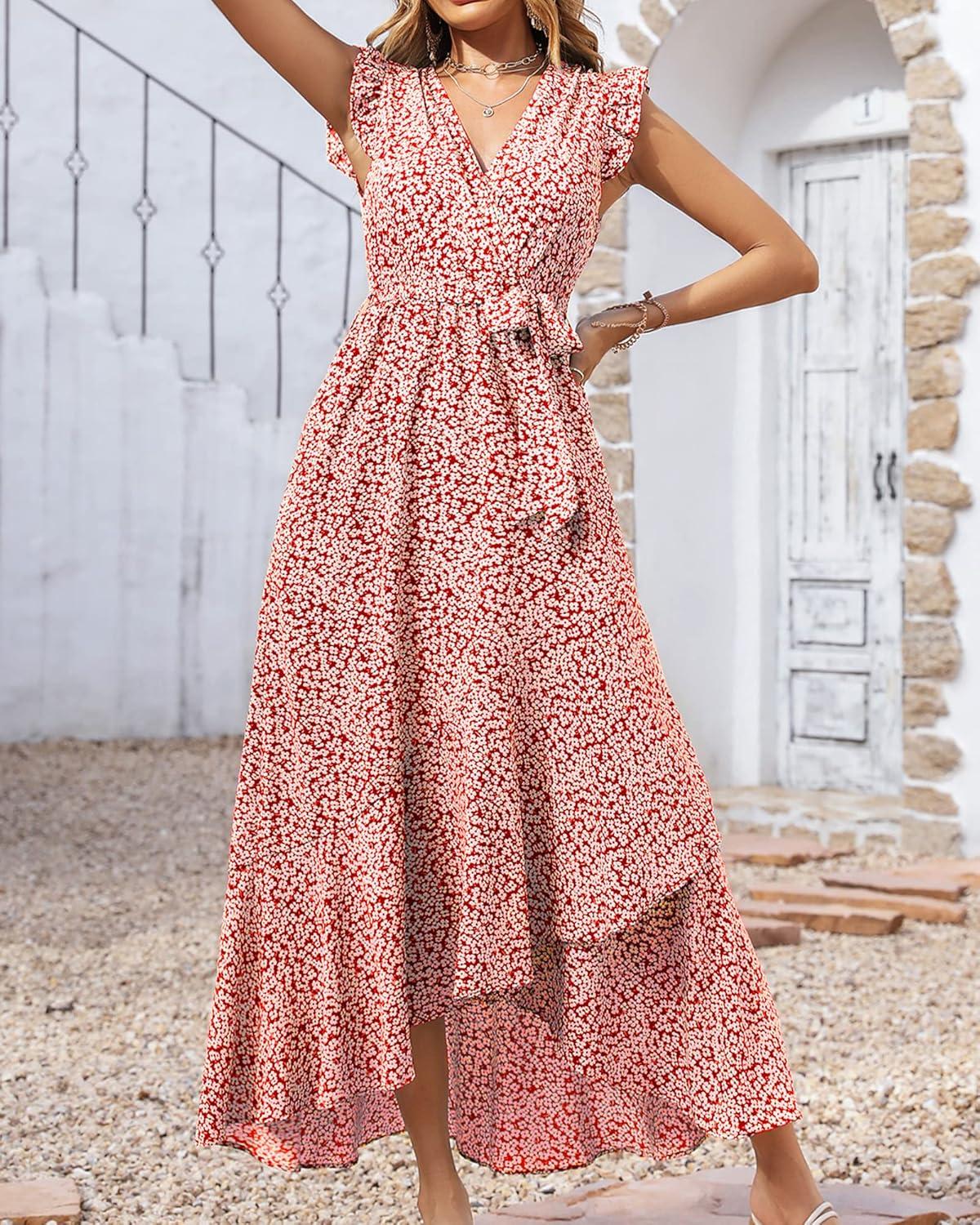 imageBTFBM Women Summer Floral Boho Maxi Dresses 2026 Vacation Ruffle Sleeve V Neck Belt Wrap Wedding Guest Spring Beach DressFloral Print Red