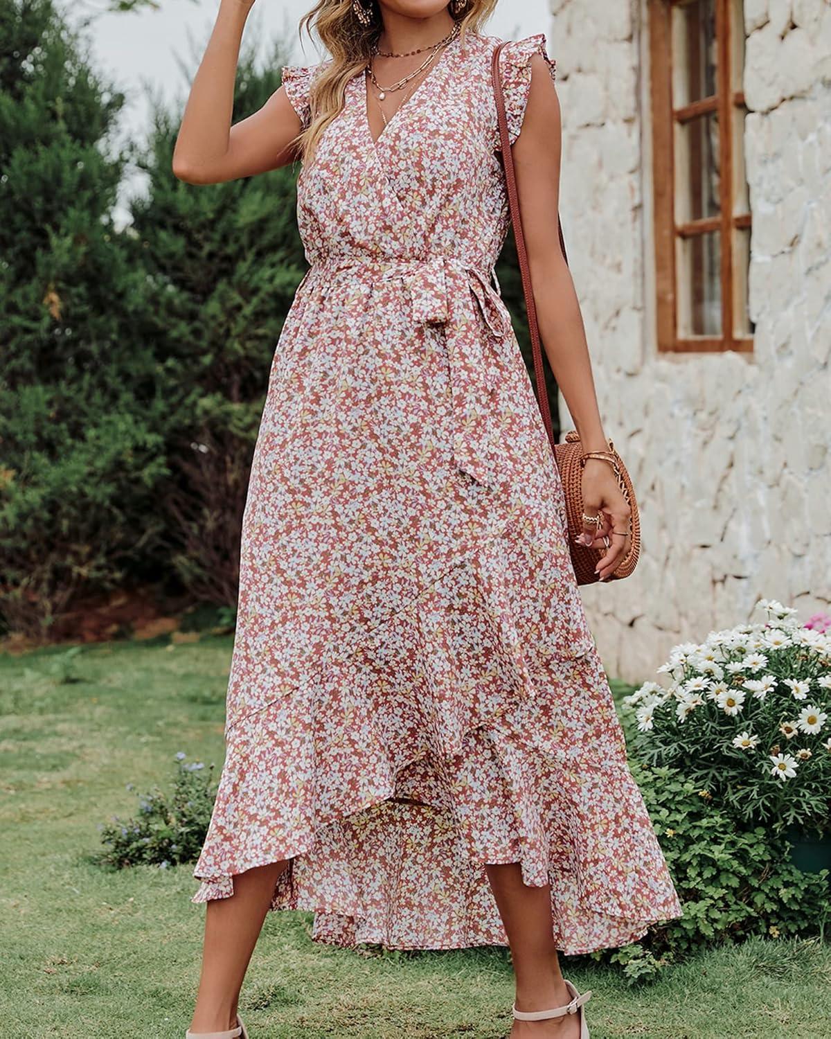 imageBTFBM Women Summer Floral Boho Maxi Dresses 2026 Vacation Ruffle Sleeve V Neck Belt Wrap Wedding Guest Spring Beach DressFloral Print Wine Red White