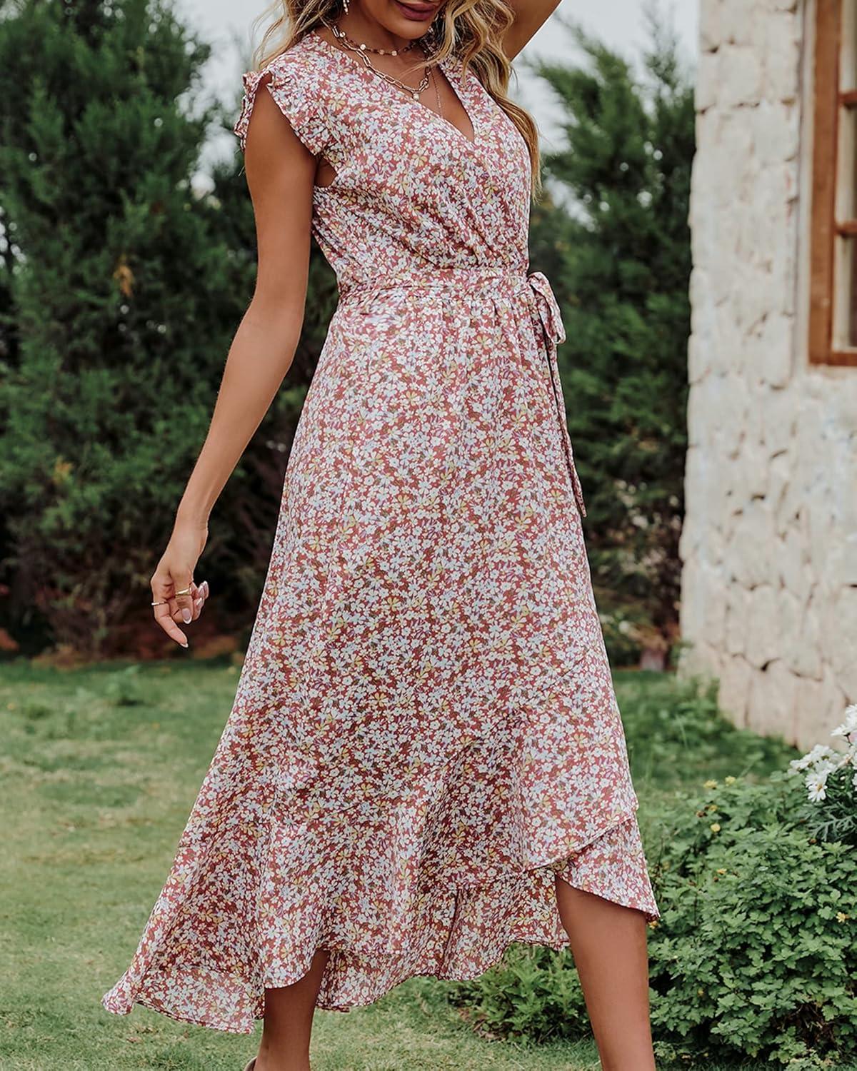 imageBTFBM Women Summer Floral Boho Maxi Dresses 2026 Vacation Ruffle Sleeve V Neck Belt Wrap Wedding Guest Spring Beach DressFloral Print Wine Red White