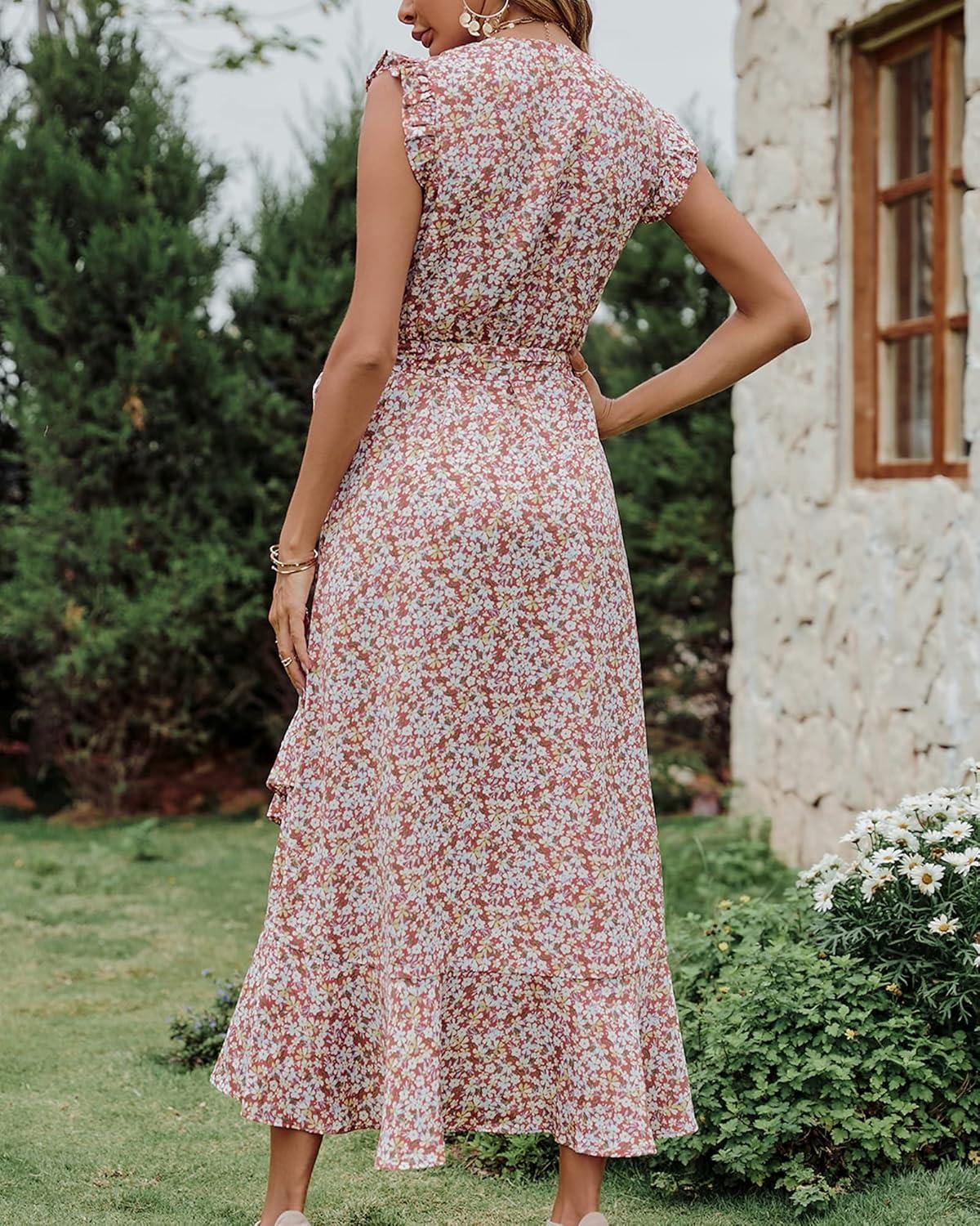 imageBTFBM Women Summer Floral Boho Maxi Dresses 2026 Vacation Ruffle Sleeve V Neck Belt Wrap Wedding Guest Spring Beach DressFloral Print Wine Red White