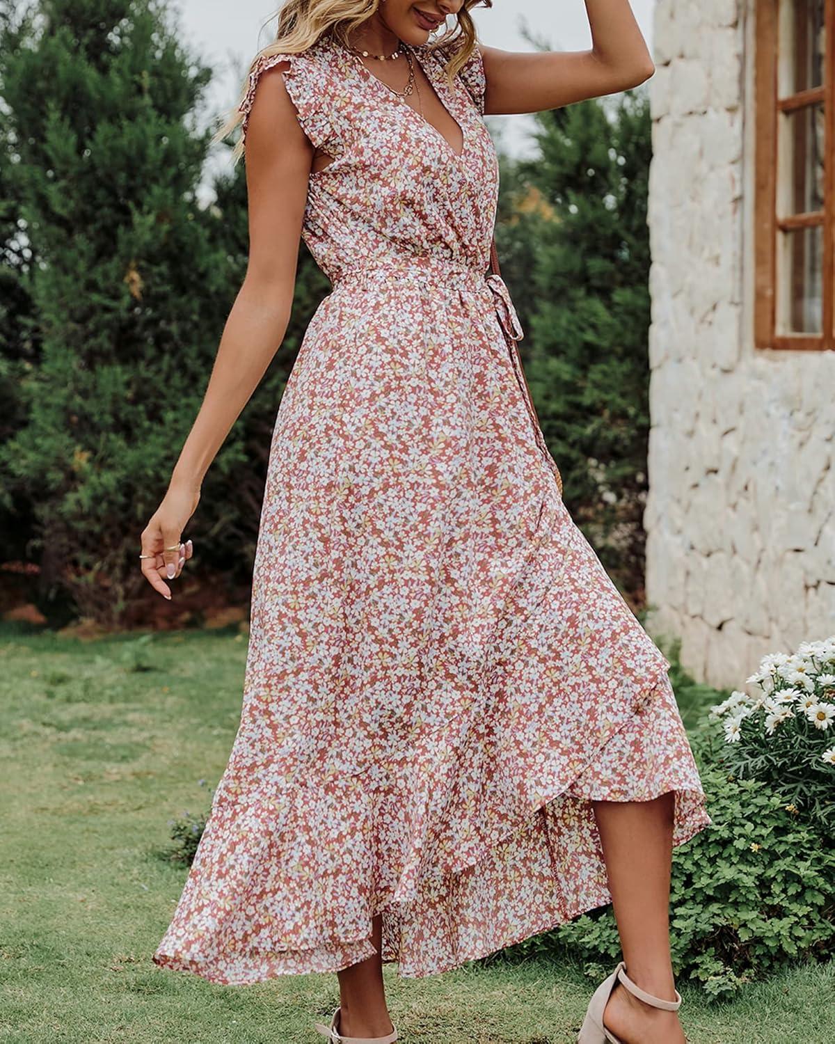 imageBTFBM Women Summer Floral Boho Maxi Dresses 2026 Vacation Ruffle Sleeve V Neck Belt Wrap Wedding Guest Spring Beach DressFloral Print Wine Red White