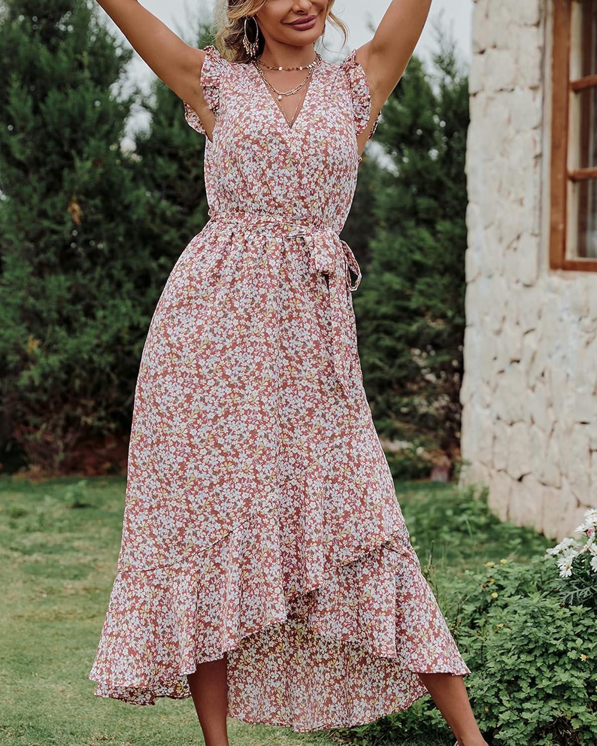 imageBTFBM Women Summer Floral Boho Maxi Dresses 2026 Vacation Ruffle Sleeve V Neck Belt Wrap Wedding Guest Spring Beach DressFloral Print Wine Red White