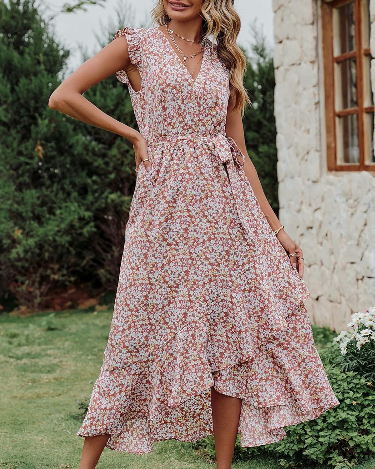 imageBTFBM Women Summer Floral Boho Maxi Dresses 2026 Vacation Ruffle Sleeve V Neck Belt Wrap Wedding Guest Spring Beach DressFloral Print Wine Red White