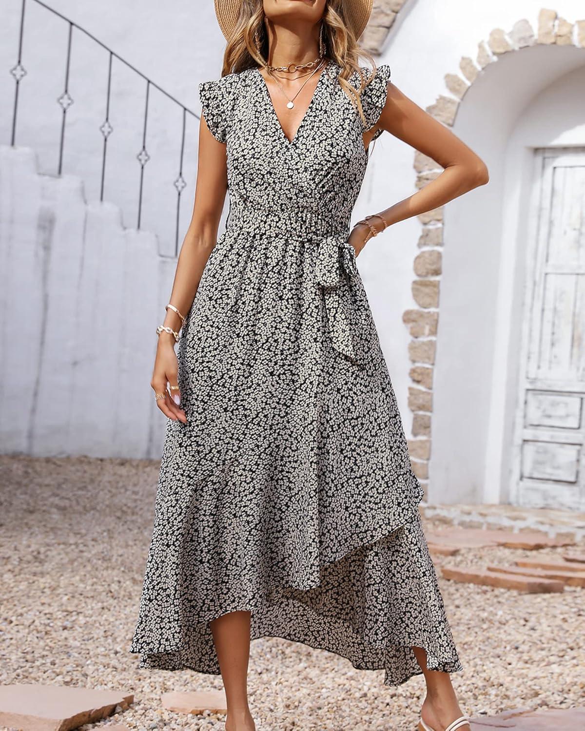 imageBTFBM Women Summer Floral Boho Maxi Dresses 2026 Vacation Ruffle Sleeve V Neck Belt Wrap Wedding Guest Spring Beach DressFloral White
