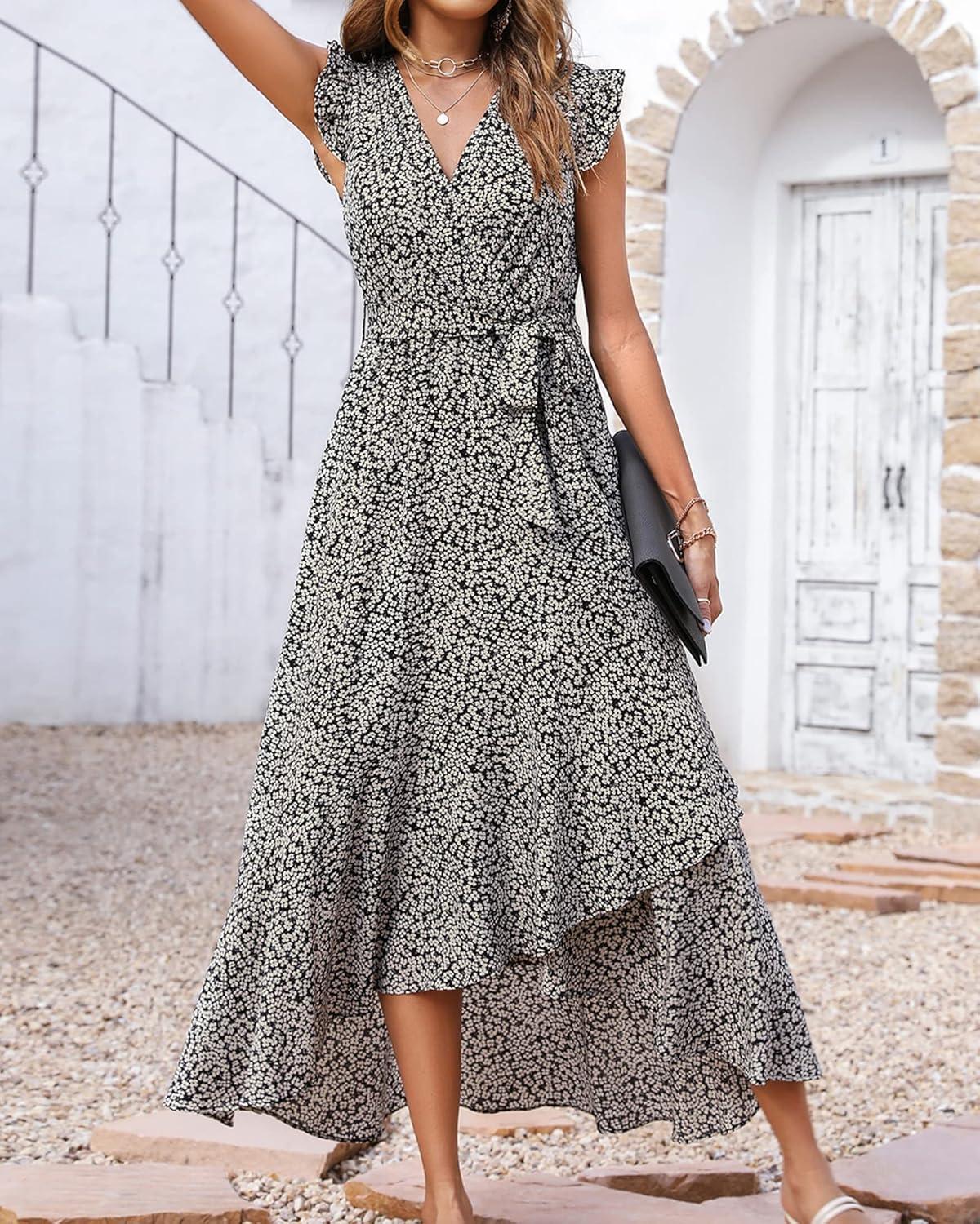 imageBTFBM Women Summer Floral Boho Maxi Dresses 2026 Vacation Ruffle Sleeve V Neck Belt Wrap Wedding Guest Spring Beach DressFloral White
