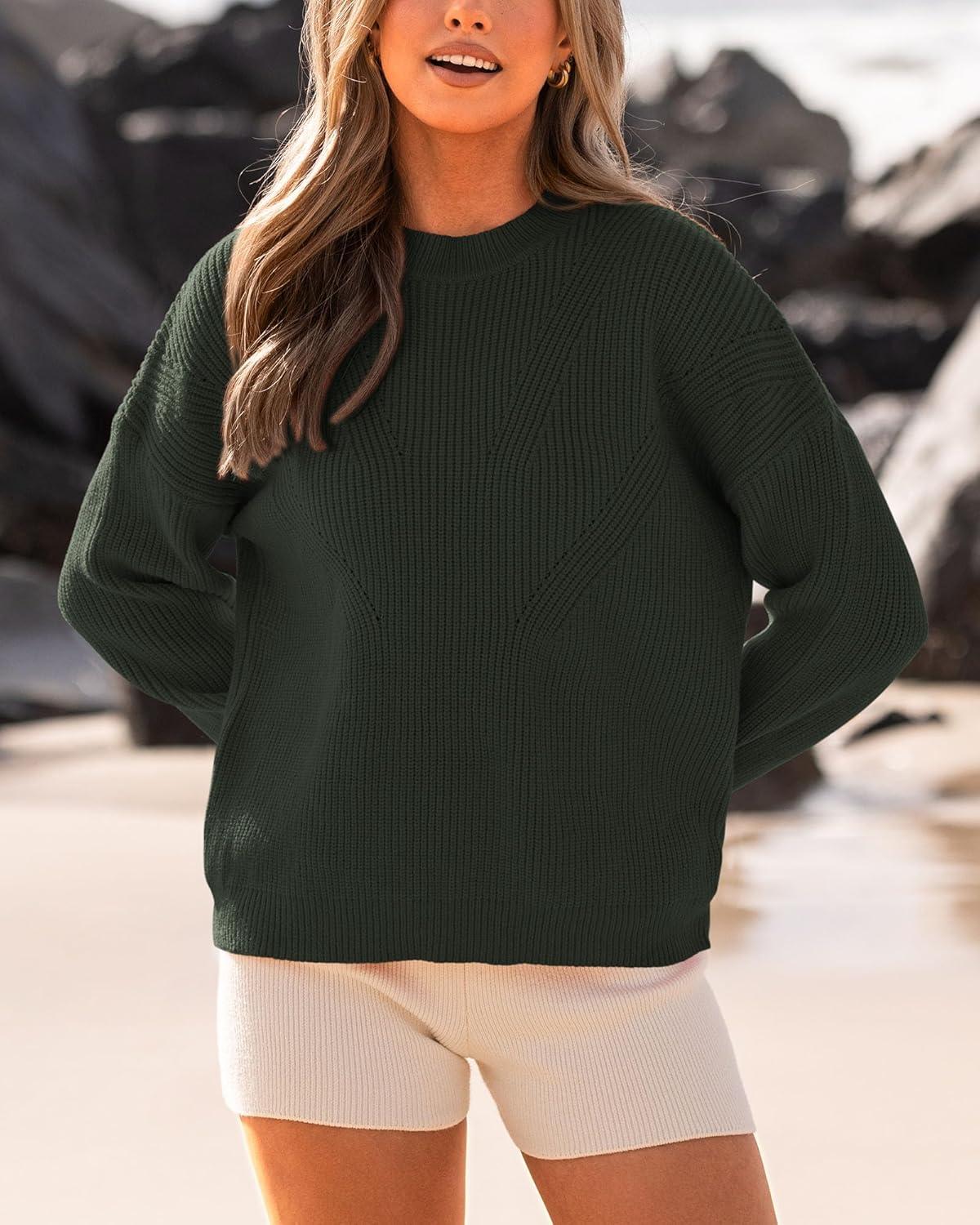 imageBTFBM Womens Casual Long Sleeve Sweaters Crew Neck Oversized Ribbed Knit Pullover Sweater 2025 Fall Winter Jumper TopsSolid Army Green