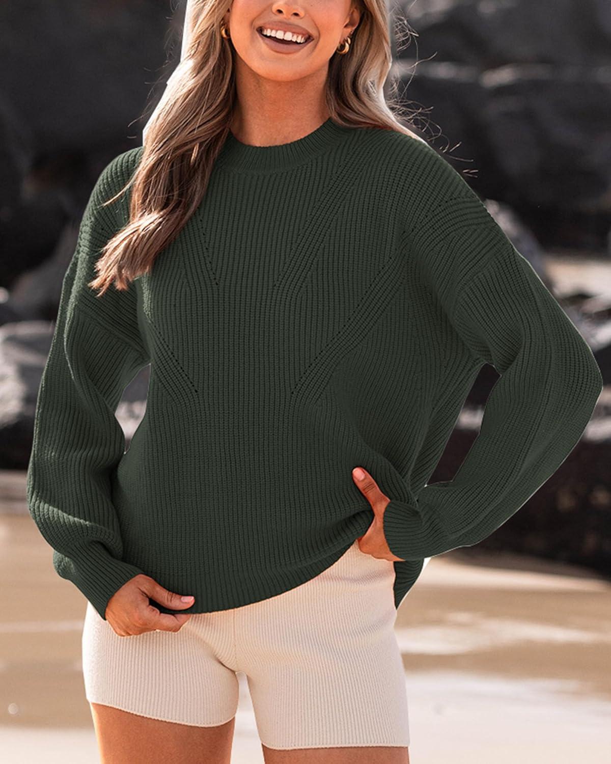 imageBTFBM Womens Casual Long Sleeve Sweaters Crew Neck Oversized Ribbed Knit Pullover Sweater 2025 Fall Winter Jumper TopsSolid Army Green