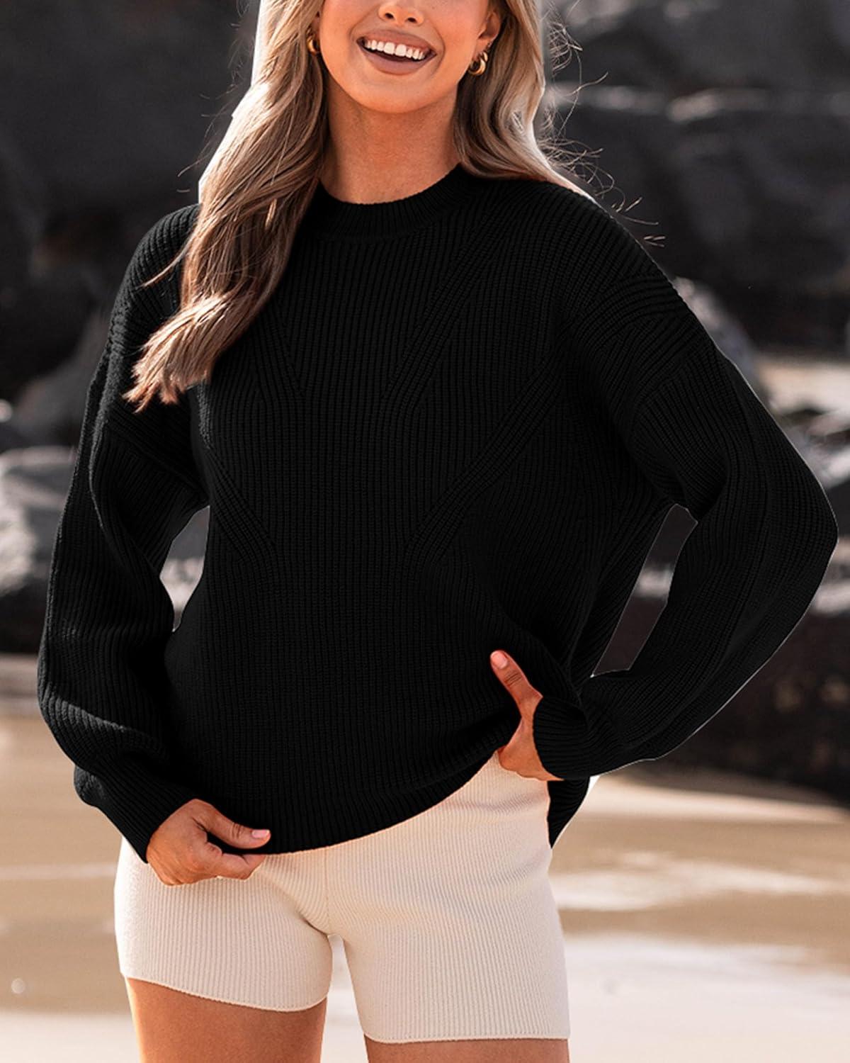 imageBTFBM Womens Casual Long Sleeve Sweaters Crew Neck Oversized Ribbed Knit Pullover Sweater 2025 Fall Winter Jumper TopsSolid Black