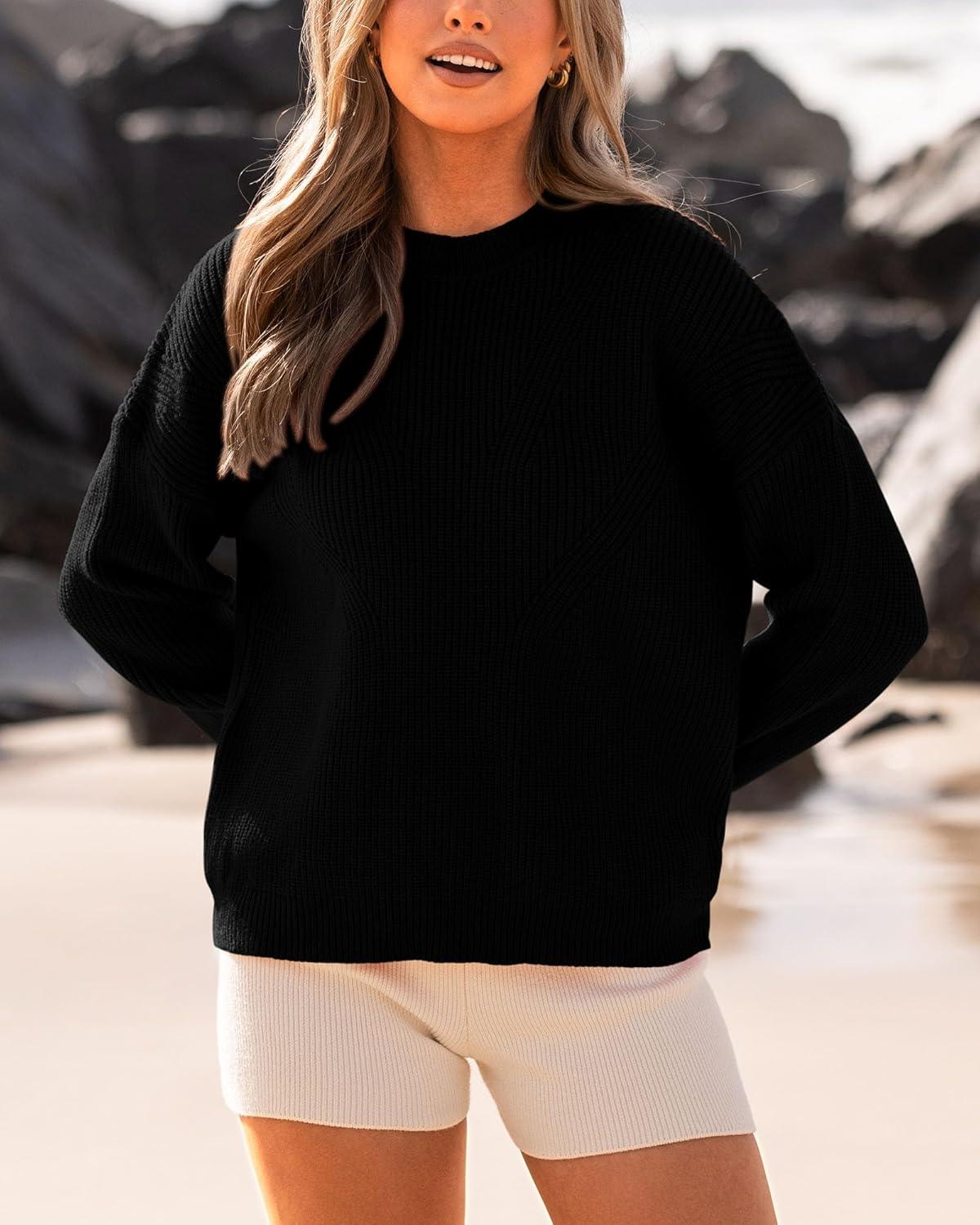 imageBTFBM Womens Casual Long Sleeve Sweaters Crew Neck Oversized Ribbed Knit Pullover Sweater 2025 Fall Winter Jumper TopsSolid Black