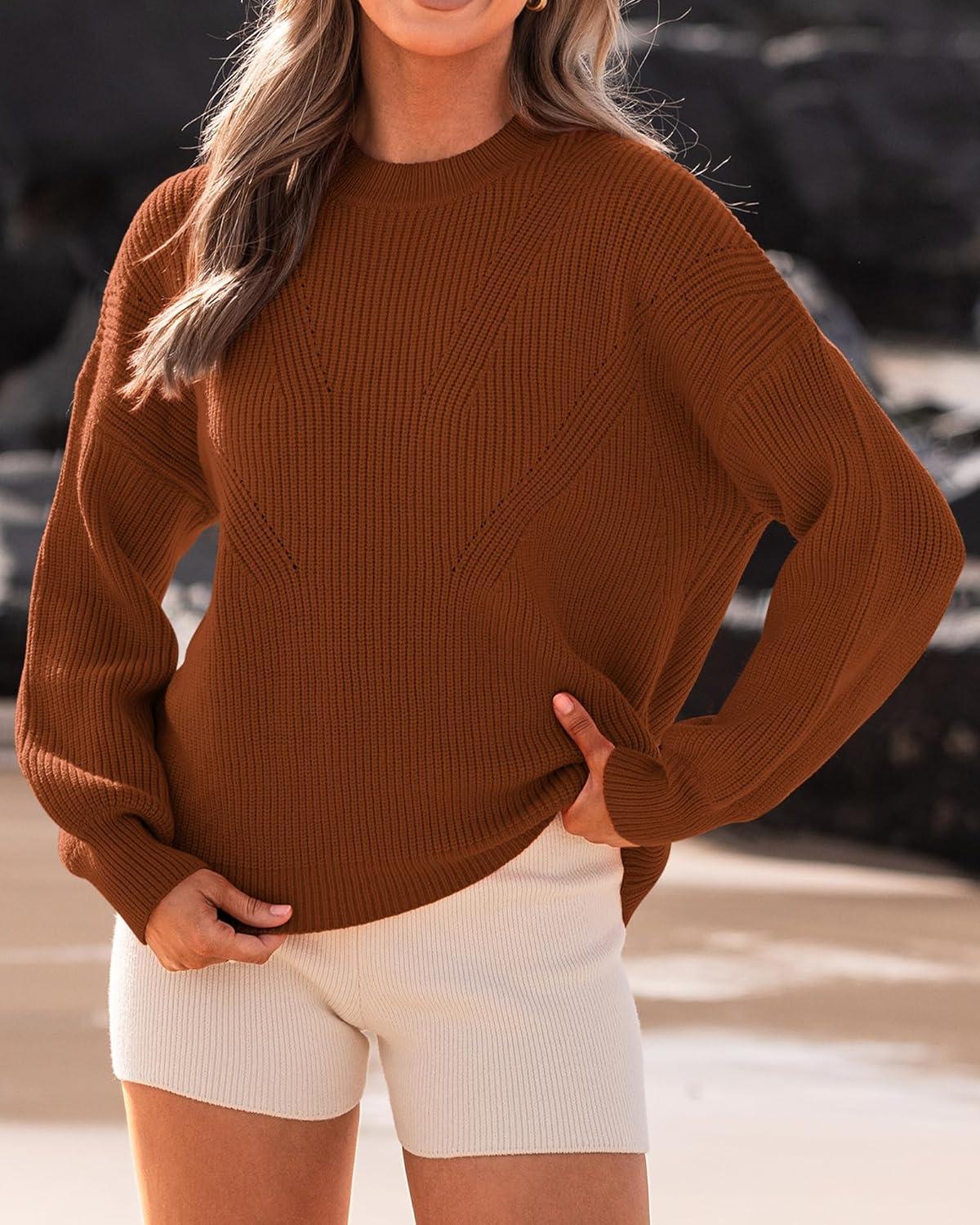 imageBTFBM Womens Casual Long Sleeve Sweaters Crew Neck Oversized Ribbed Knit Pullover Sweater 2025 Fall Winter Jumper TopsSolid Caramel